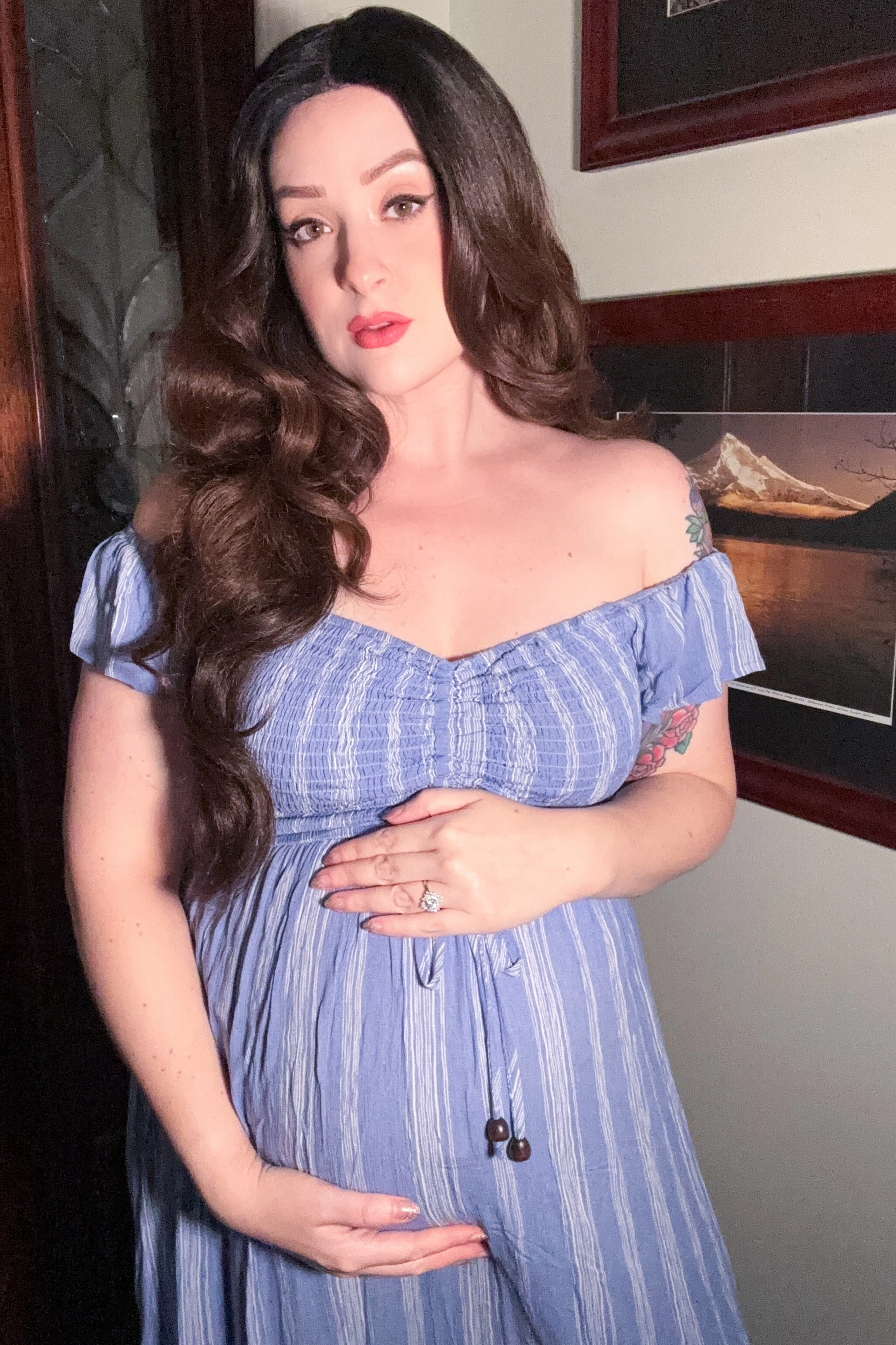 PinkBlush Womens Blue Striped Off Shoulder Front Tie Maternity Maxi Dress