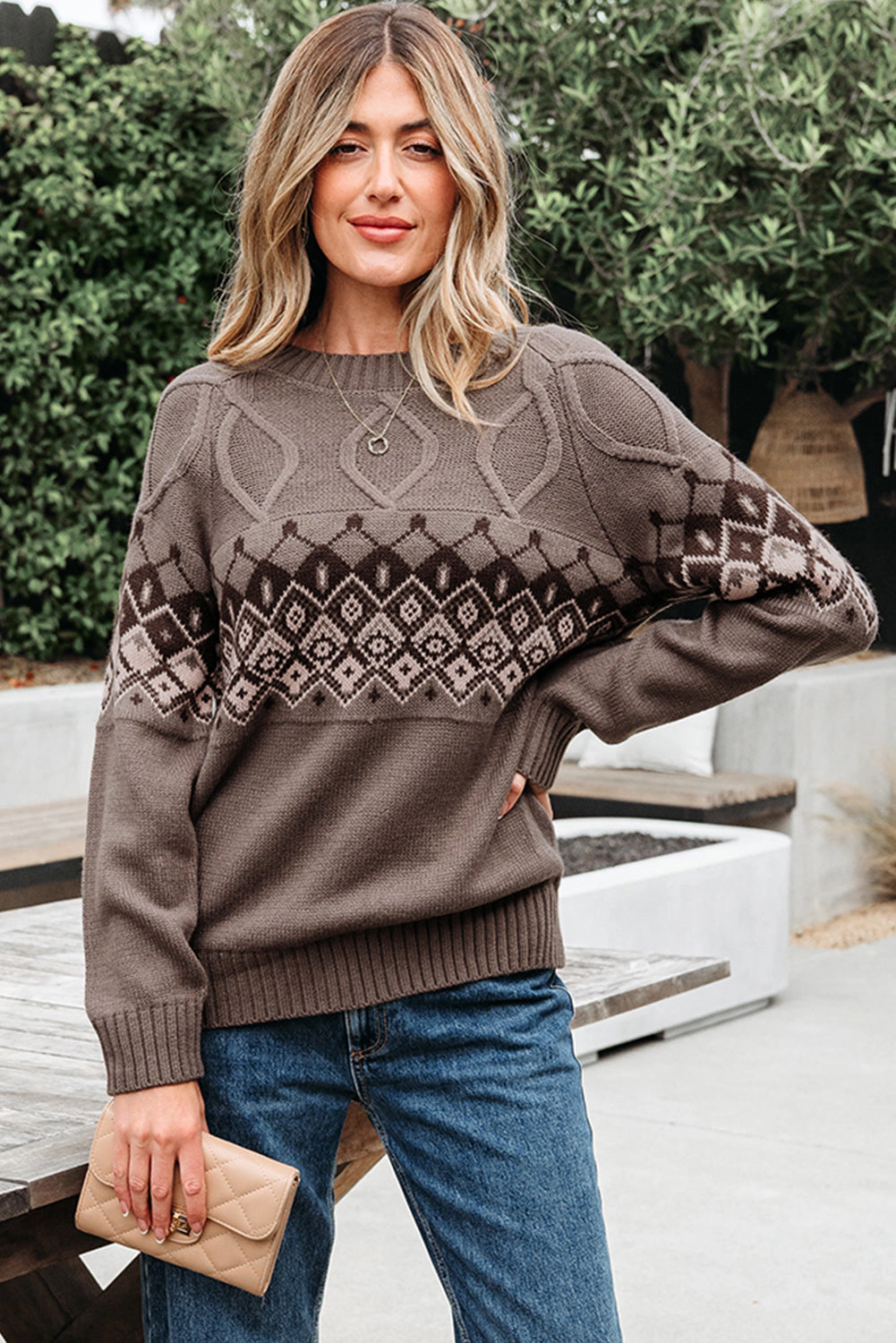 Threaded Pear Women's Alana Western Geometric Patterned Crew Neck Knitted Sweater