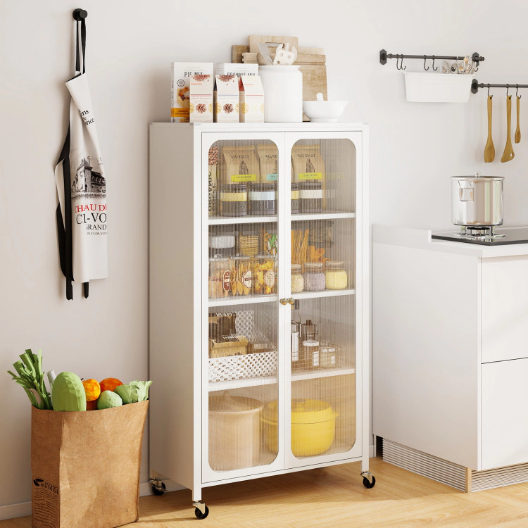 Hivvago 58 Inches Bookcase with Adjustable Shelves and Lockable Wheels-White