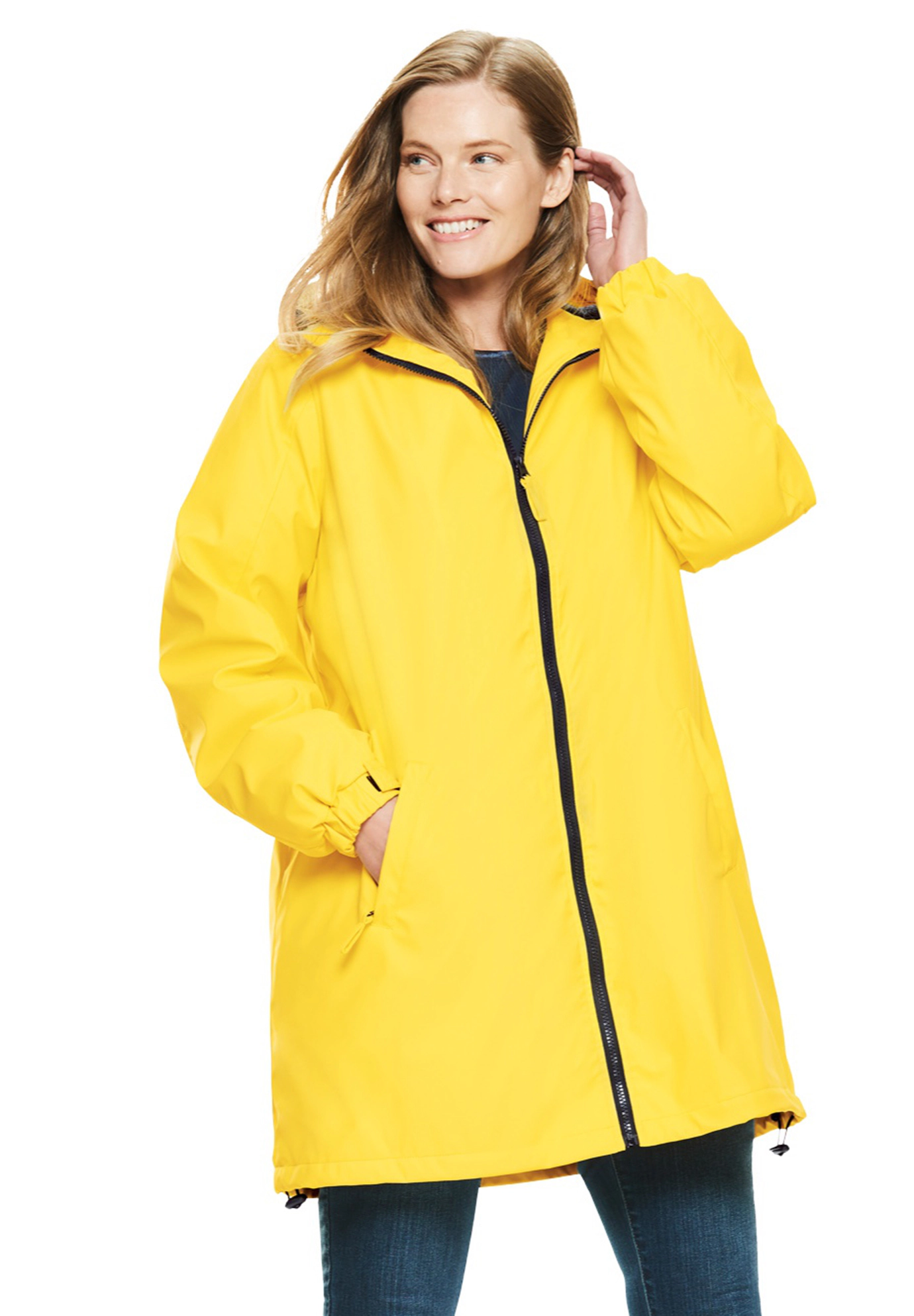 Woman Within Plus Size Fleece-Lined Mid-Length Slicker Raincoat