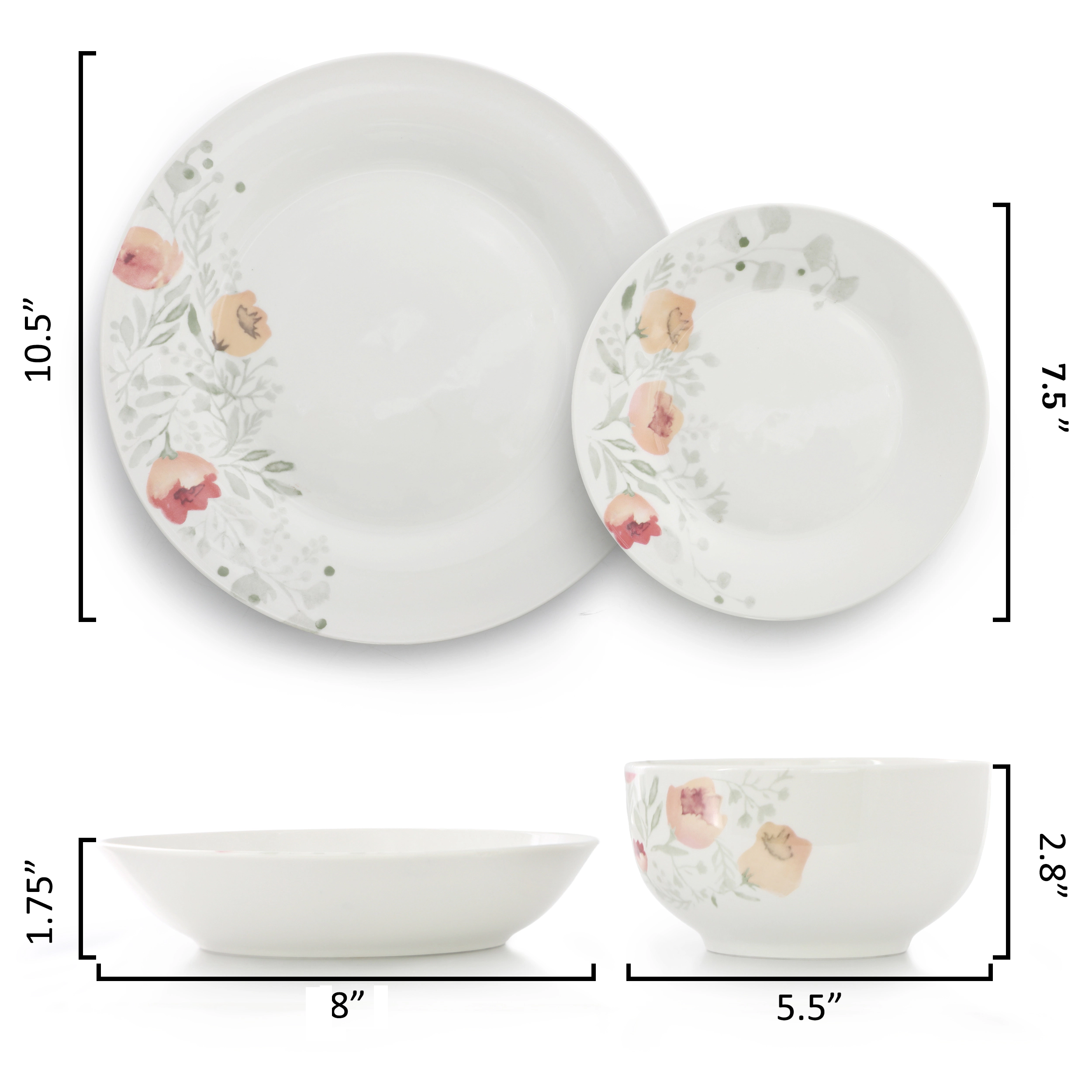 Elama Poppy 24 Piece Porcelain Double Bowl Dinnerware Set, Service for 6