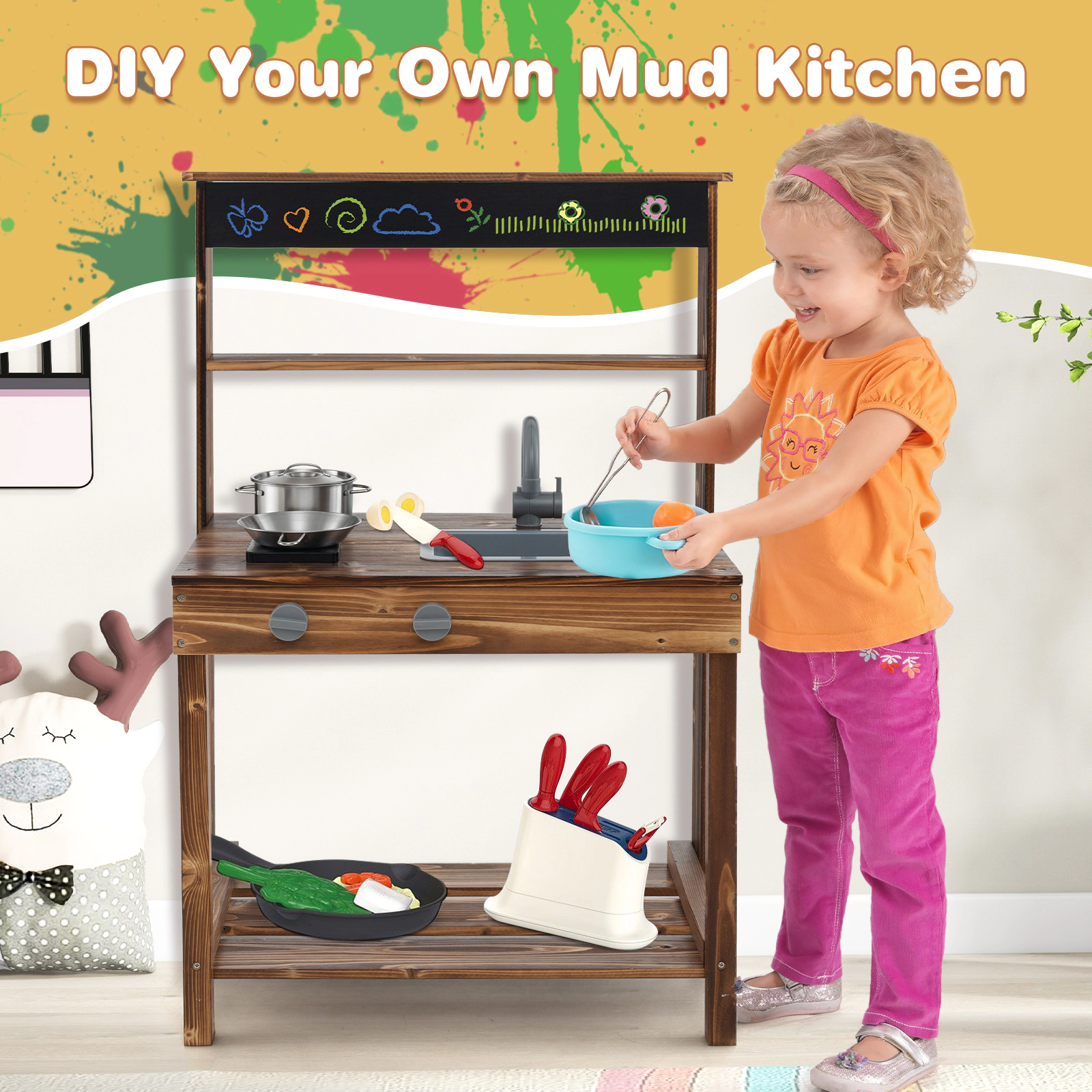SUGIFT Kids Natural Fir Wood Outdoor Mud Kitchen with Rotatable Faucet and Removable Sink 25.5-in W 38-in H