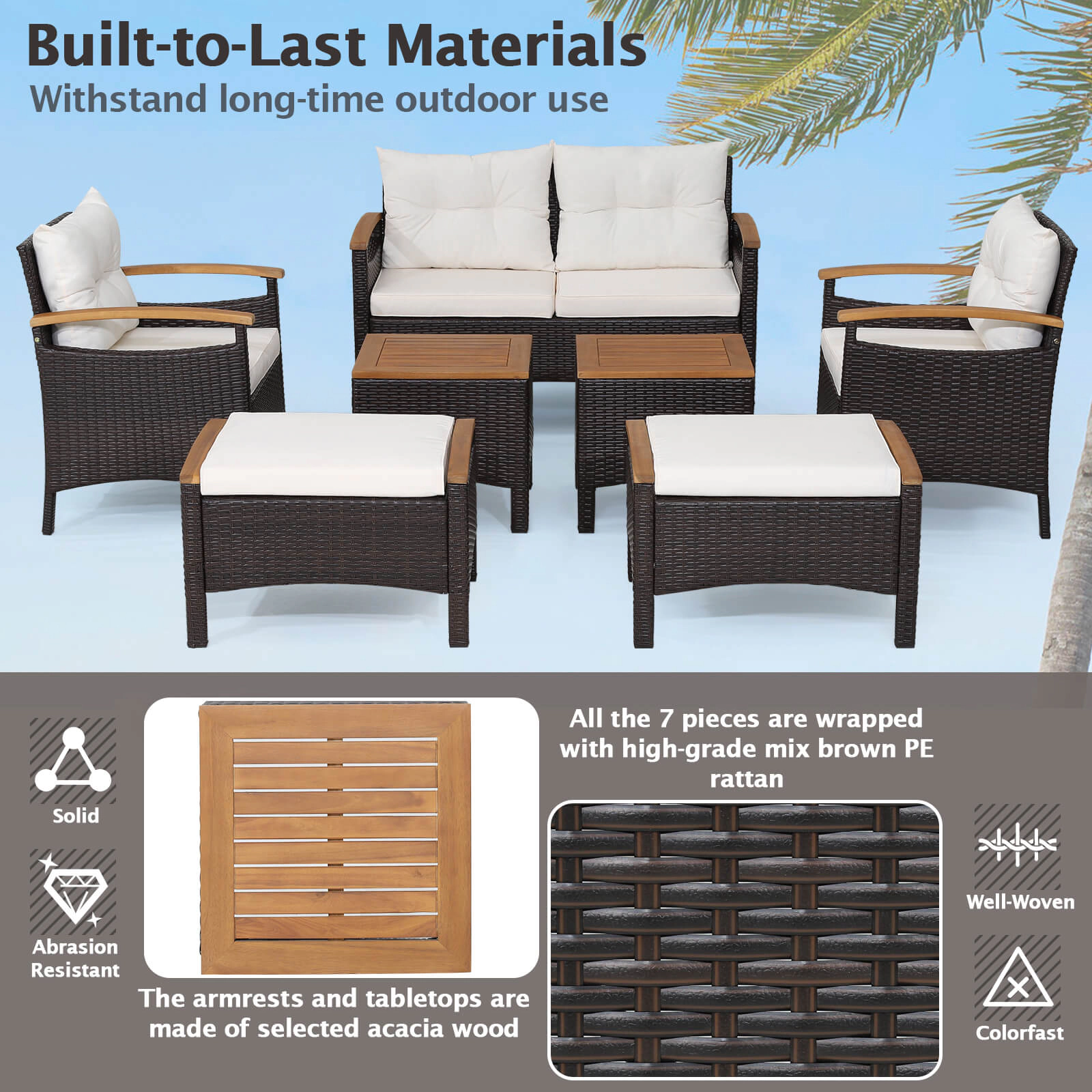 SUGIFT 7-Piece Off-White PE Rattan Patio Sofa Set with Acacia Wood, Ottomans and Tables