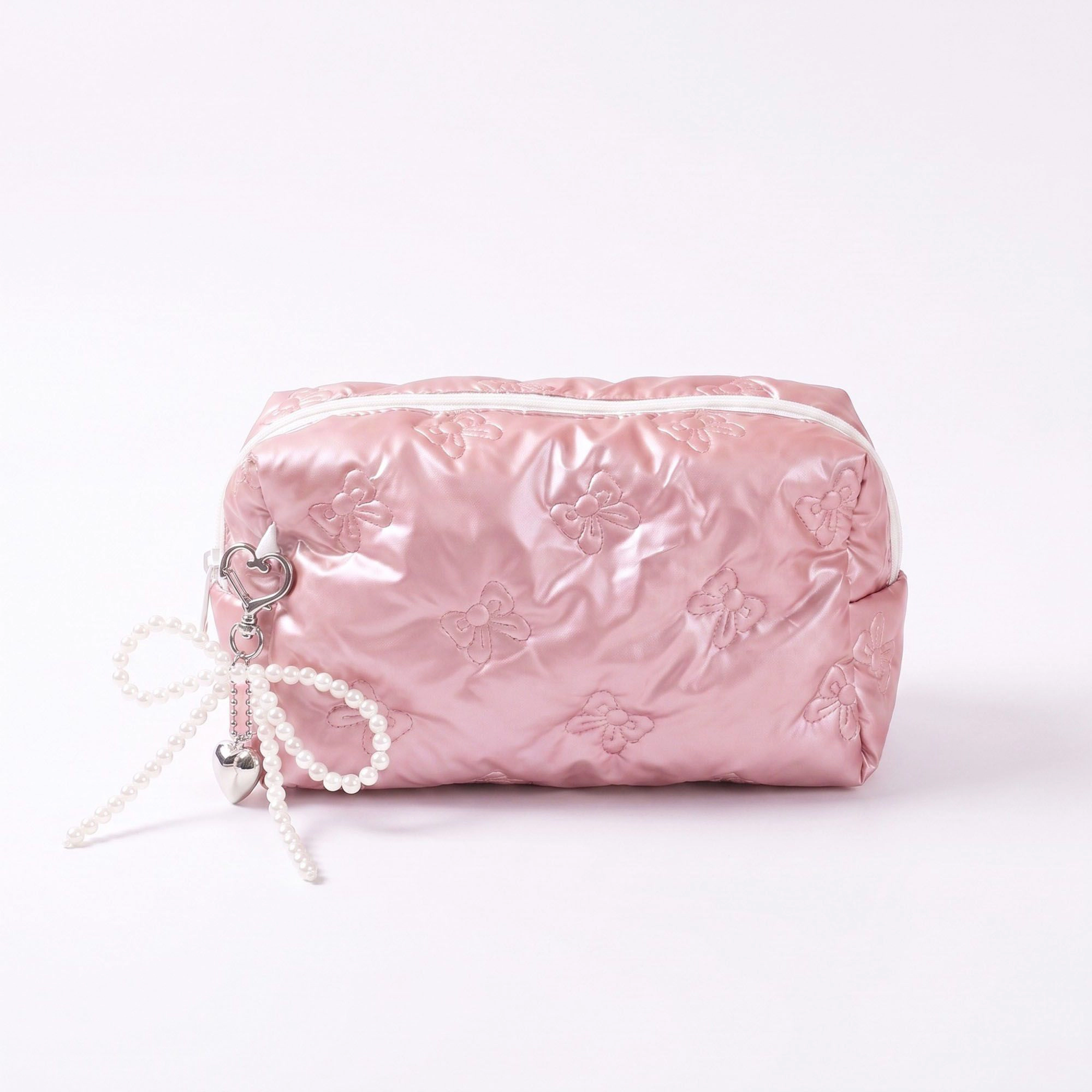 Alilang Unisex Quilted Bow Makeup Bag with Pearl Charm Cosmetic Pouch