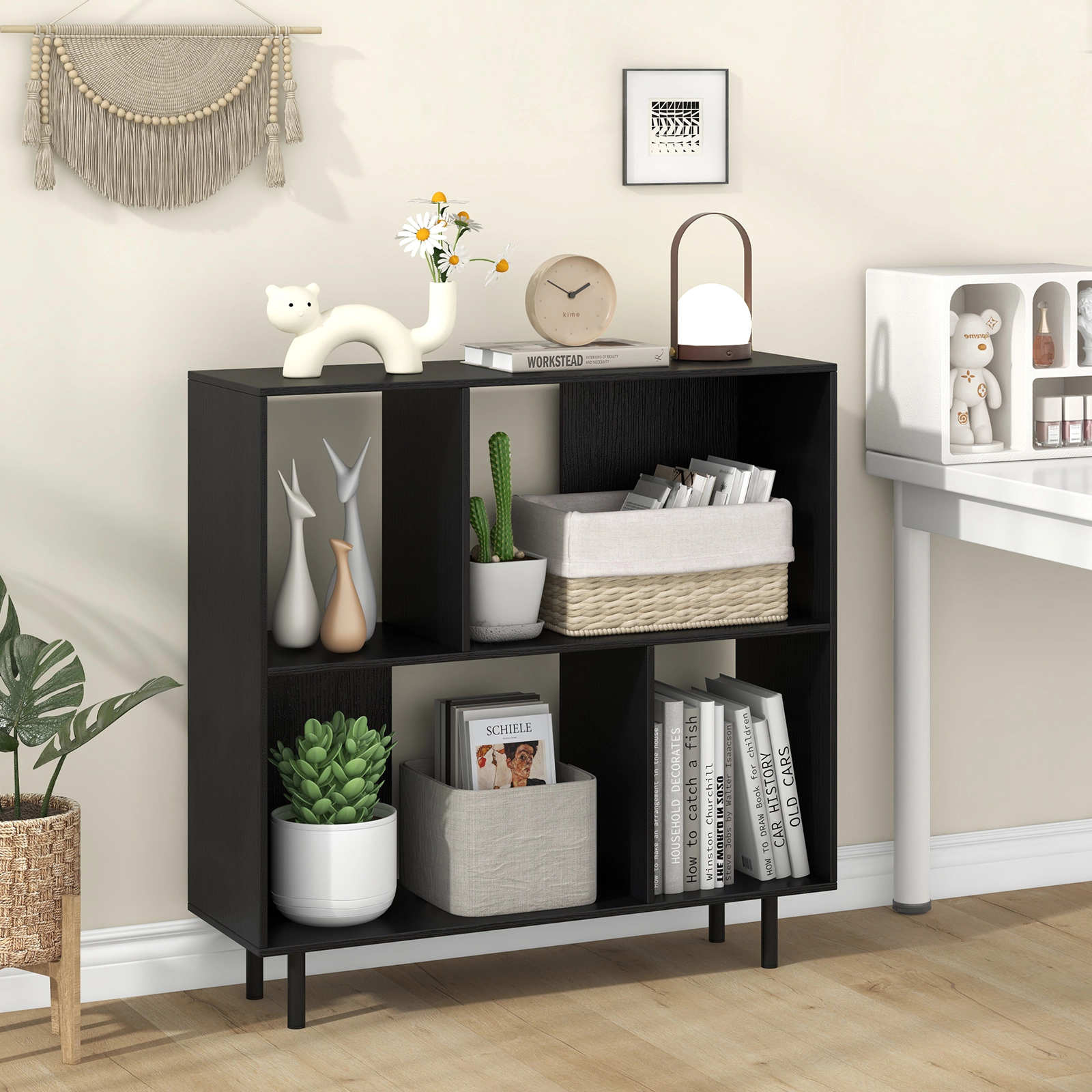 SUGIFT 4-Cube Black 35.5-in Square Cube Storage Organizer Bookshelf with Metal Legs and 2 Anti-Tipping Kits
