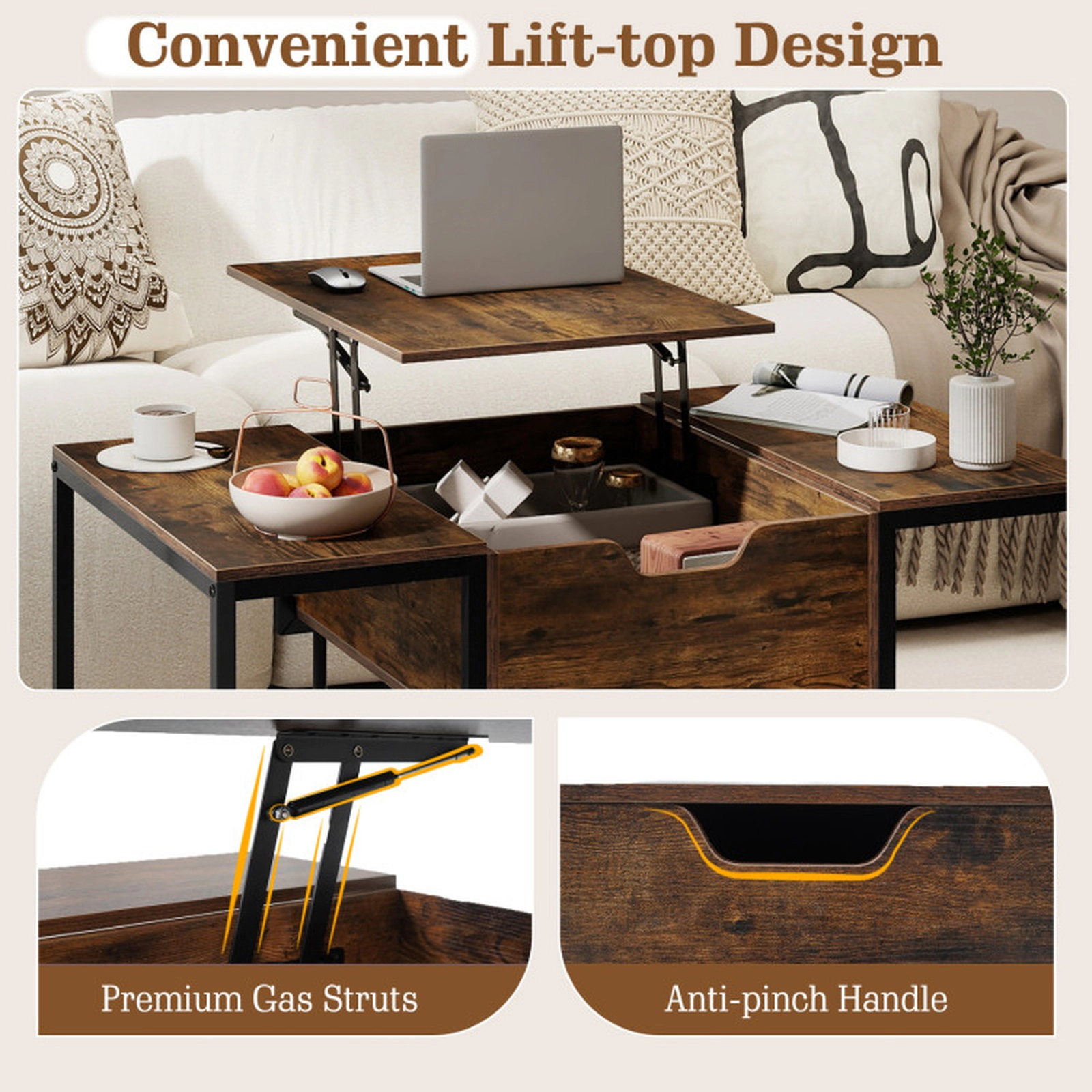 SUGIFT 39.5-in 110-lb Capacity Lift Top Rustic Brown Coffee Table with Gas Struts and Hidden Compartment