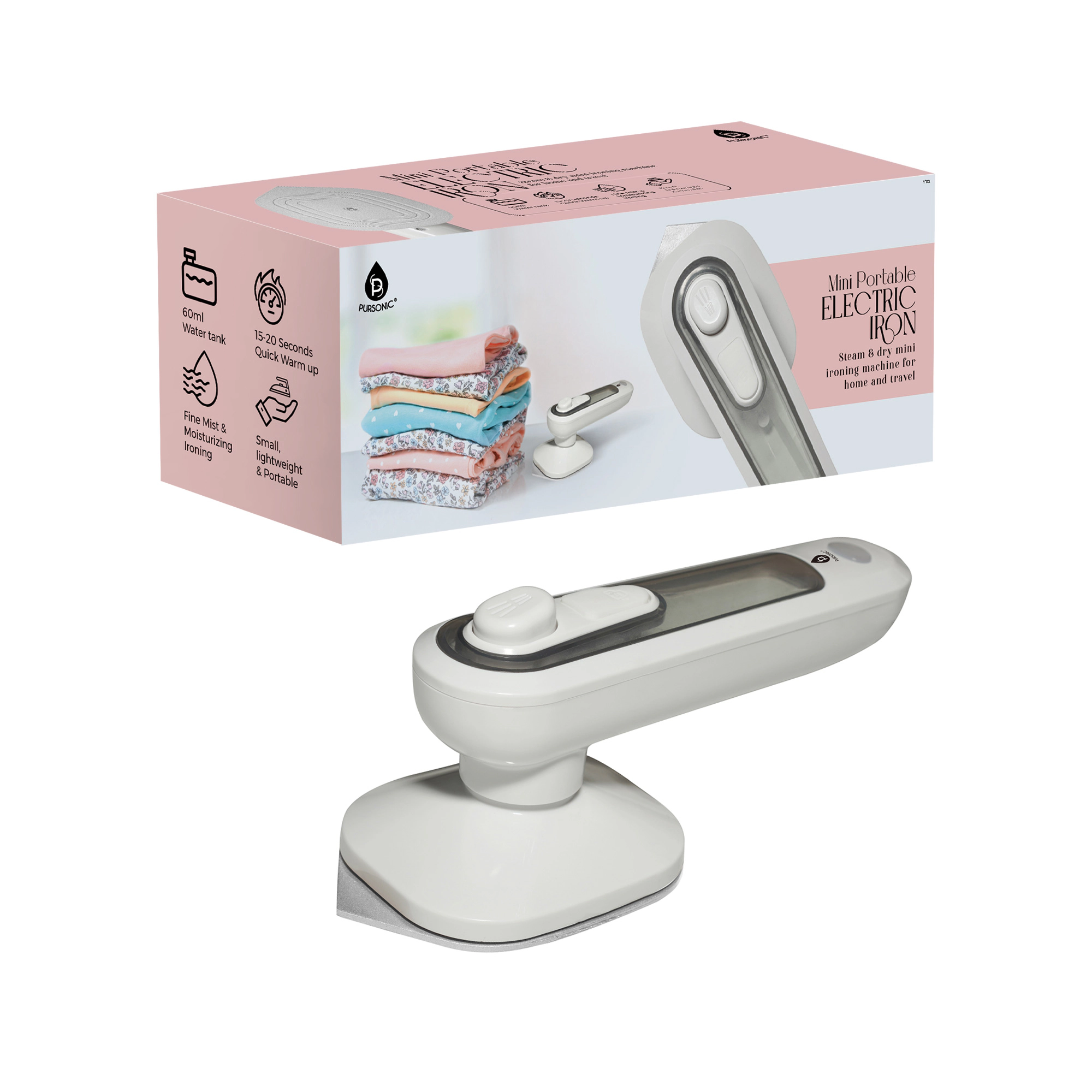Pursonic Unisex Portable Travel Iron – Mini Electric Clothes Iron with Dual Voltage & Quick Heating
