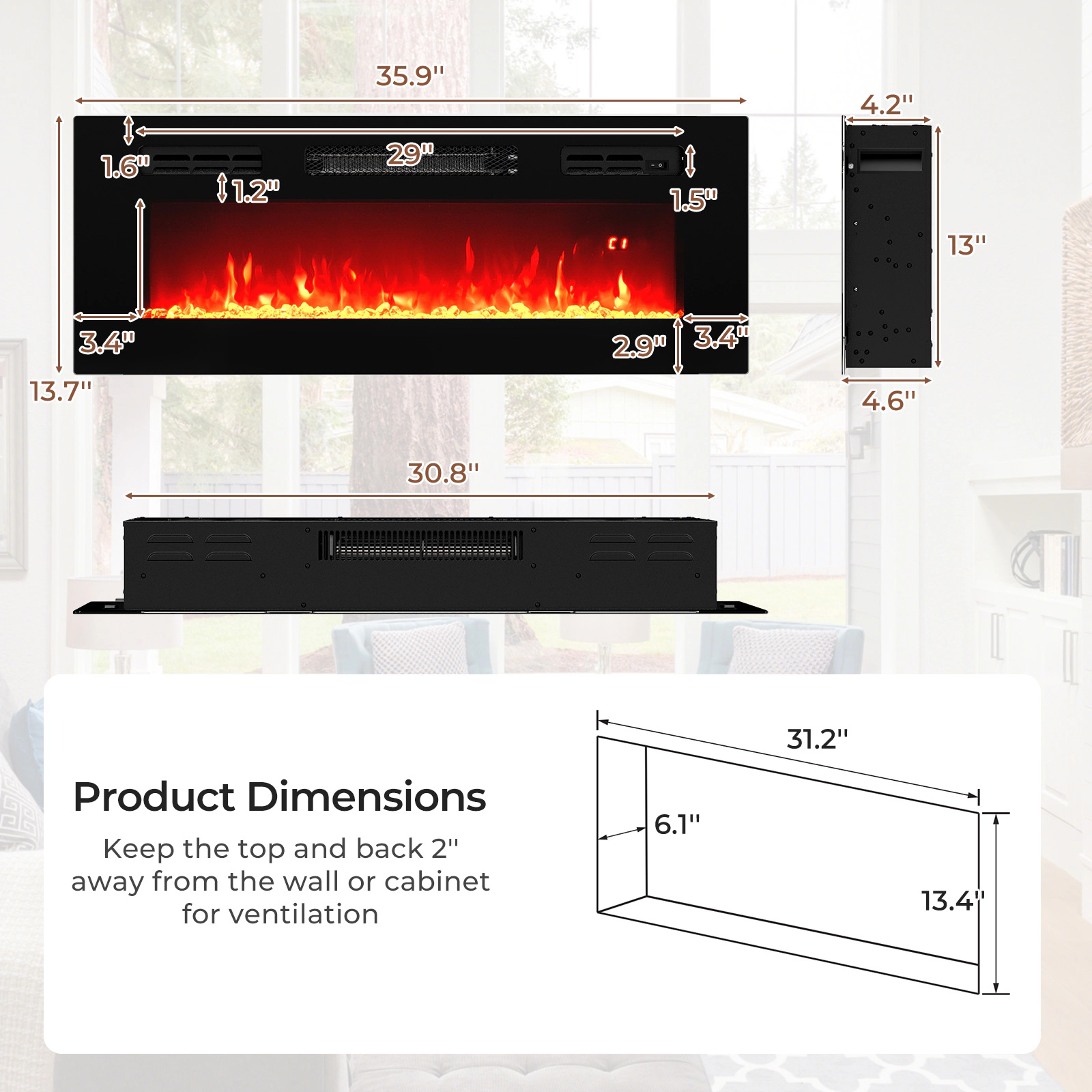 SlickBlue Electric Fireplace Insert with LED Lights and Remote