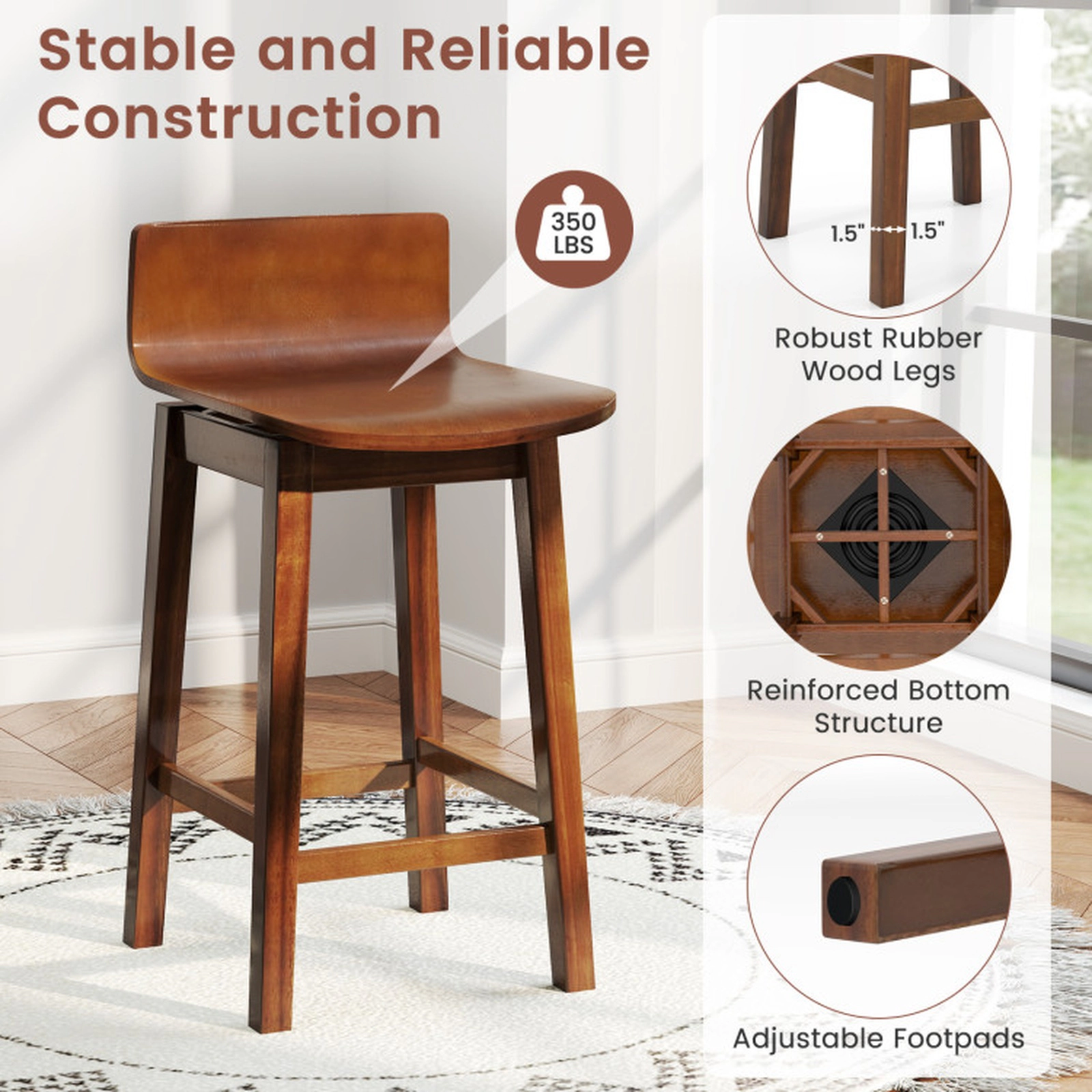 SUGIFT Set of 2 360 Swivel Low Back Counter Height Wooden Bar Stools 15-in x 16.5-in x 31-in 350-lb Capacity Walnut