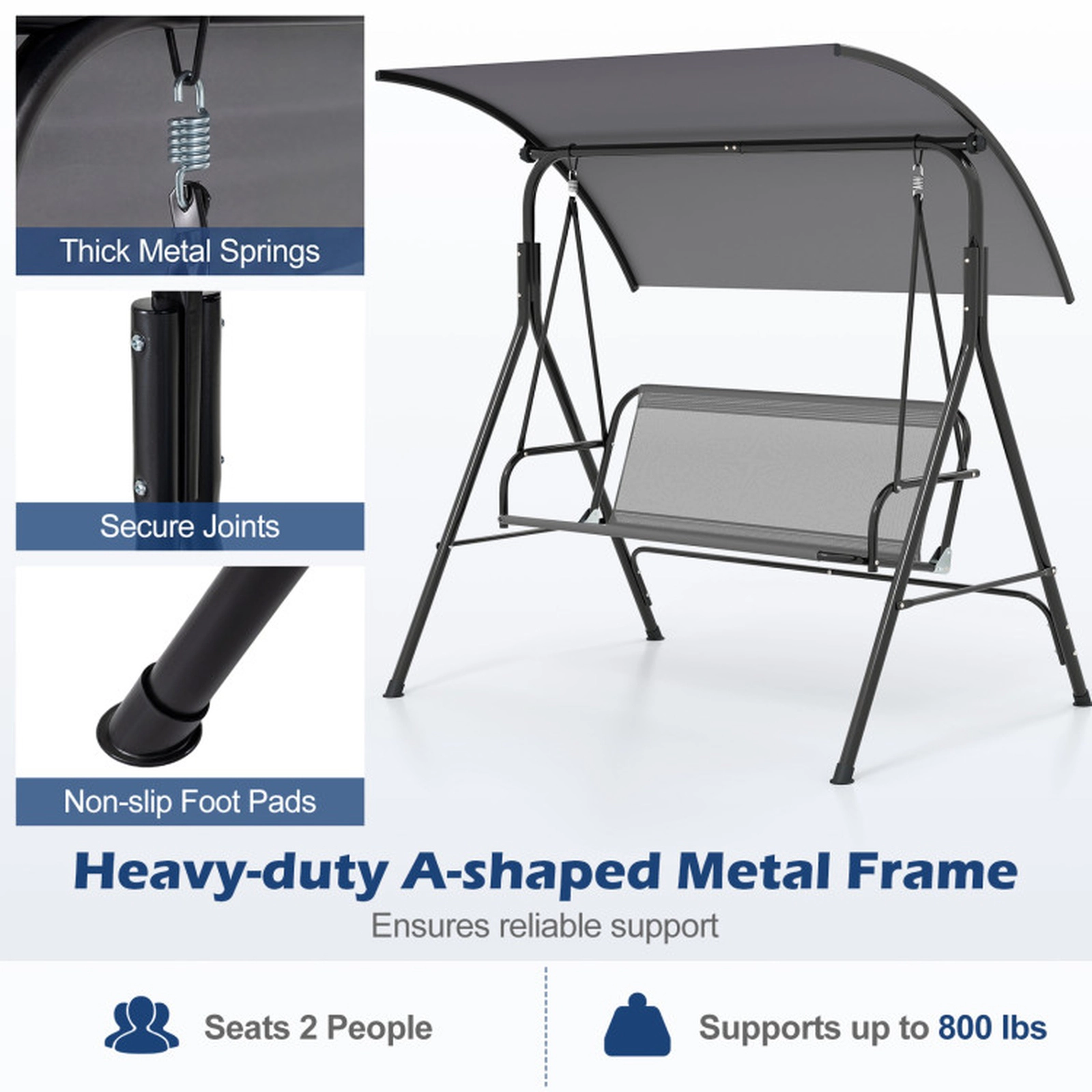 SUGIFT Gray Adjustable Canopy Removable Cushion and Metal Stand Patio Swing Chair