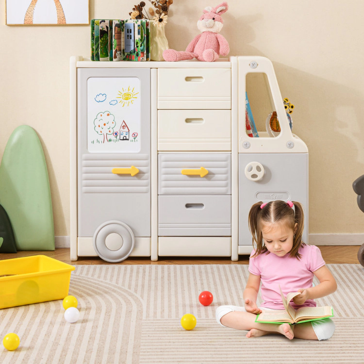 Hivvago Kids Toy Storage Organizer Bus-shaped Children Cabinet with 4 Pull-out Drawers with Handles