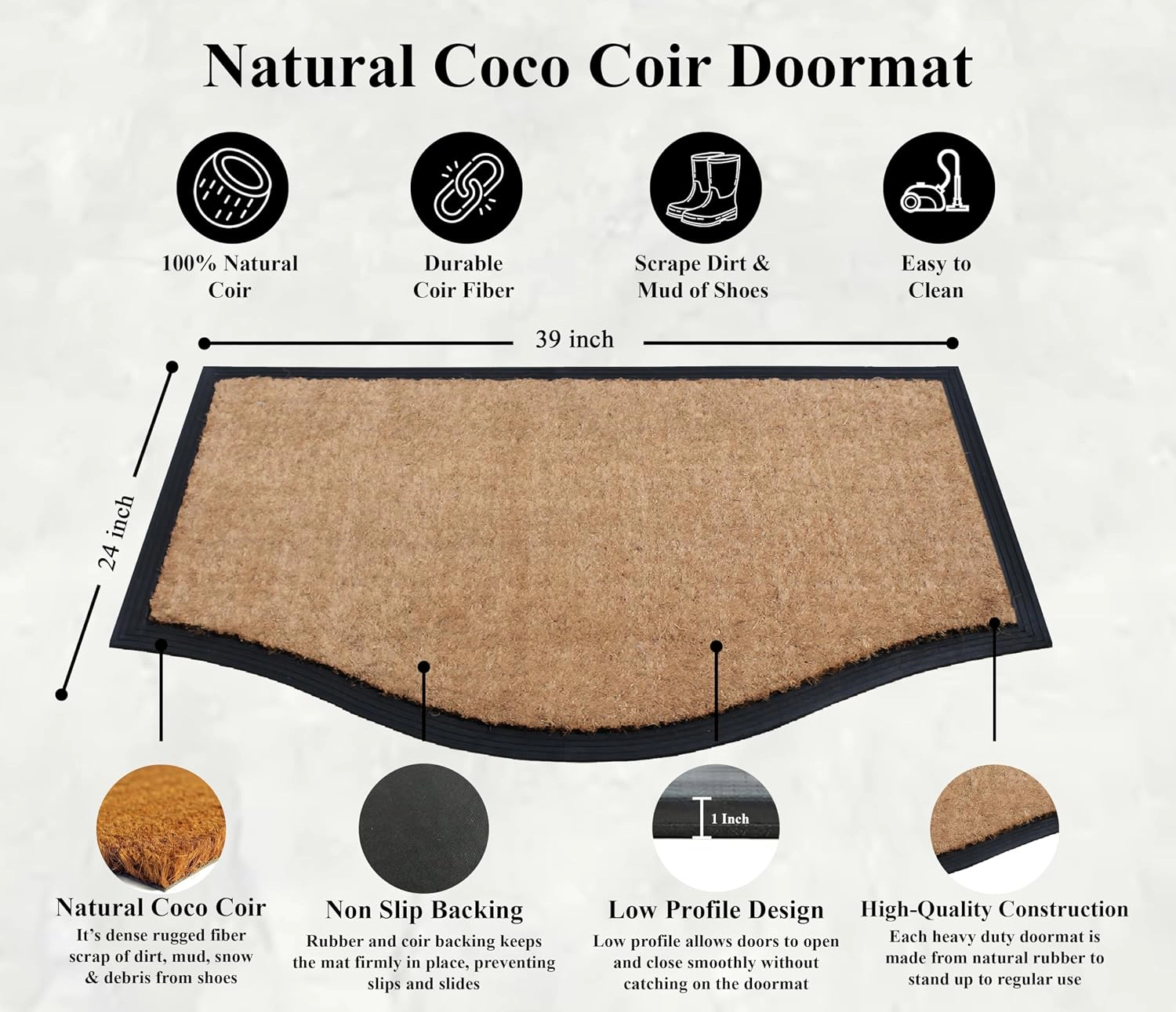 A1HC Coir and Rubber Door Mat 39x24 Inches Anti-Shed Heavy Duty Non-Slip Penta Black