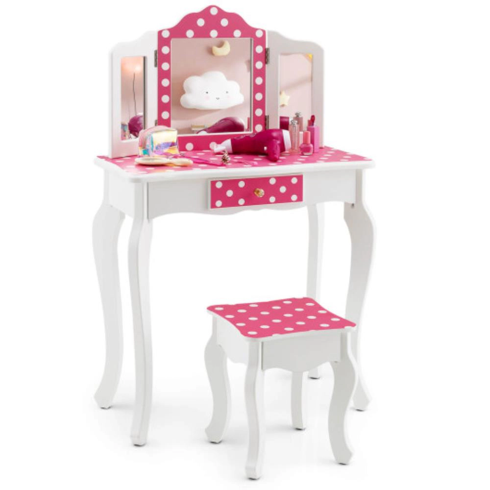 Hivvago Kids Vanity Table And Stool Set With Cute Polka Dot Print-Pink