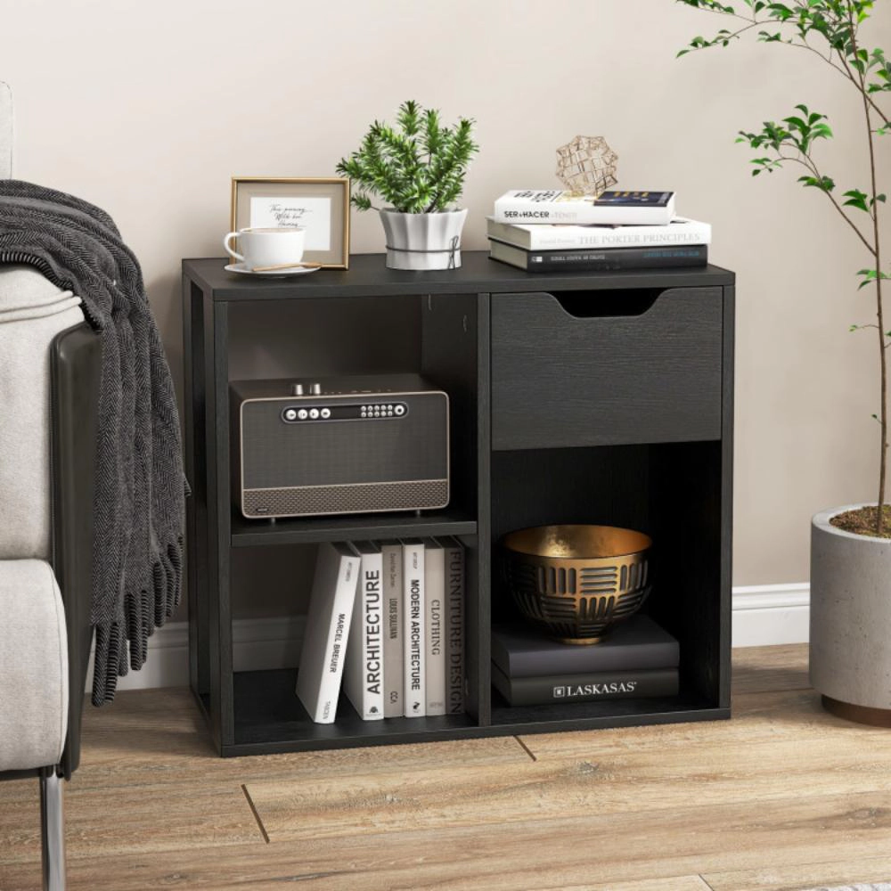 Hivvago 3-Cube Bookcase 2-tier Wooden Storage Shelf with Pull-out Drawer