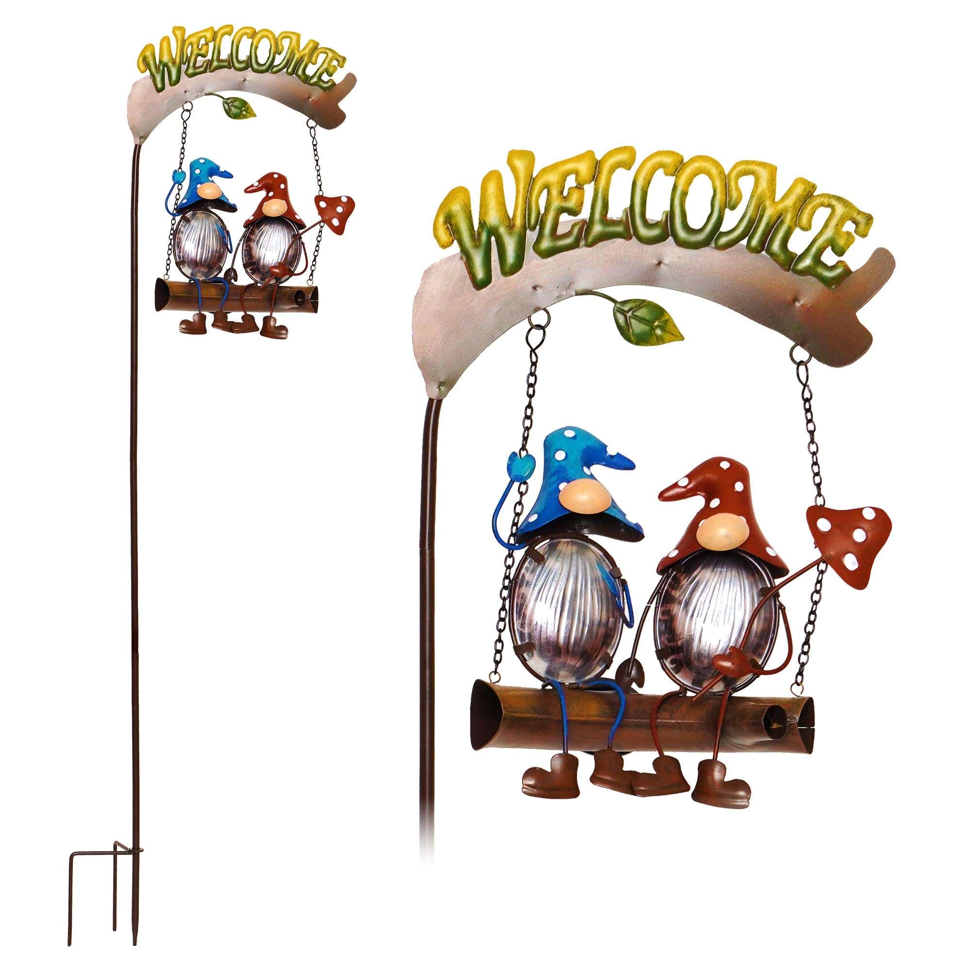 G128 Gnome Solar Garden Stake Light with Welcome Sign - Swinging Gnome Mushroom Yard Decor for Lawn Patio Porch