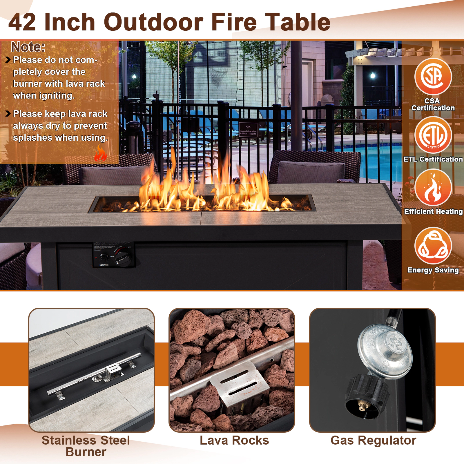 SUGIFT 42-Inch Rectangular Propane Fire Pit Table with Ceramic Tile Top and 60000 BTU Black