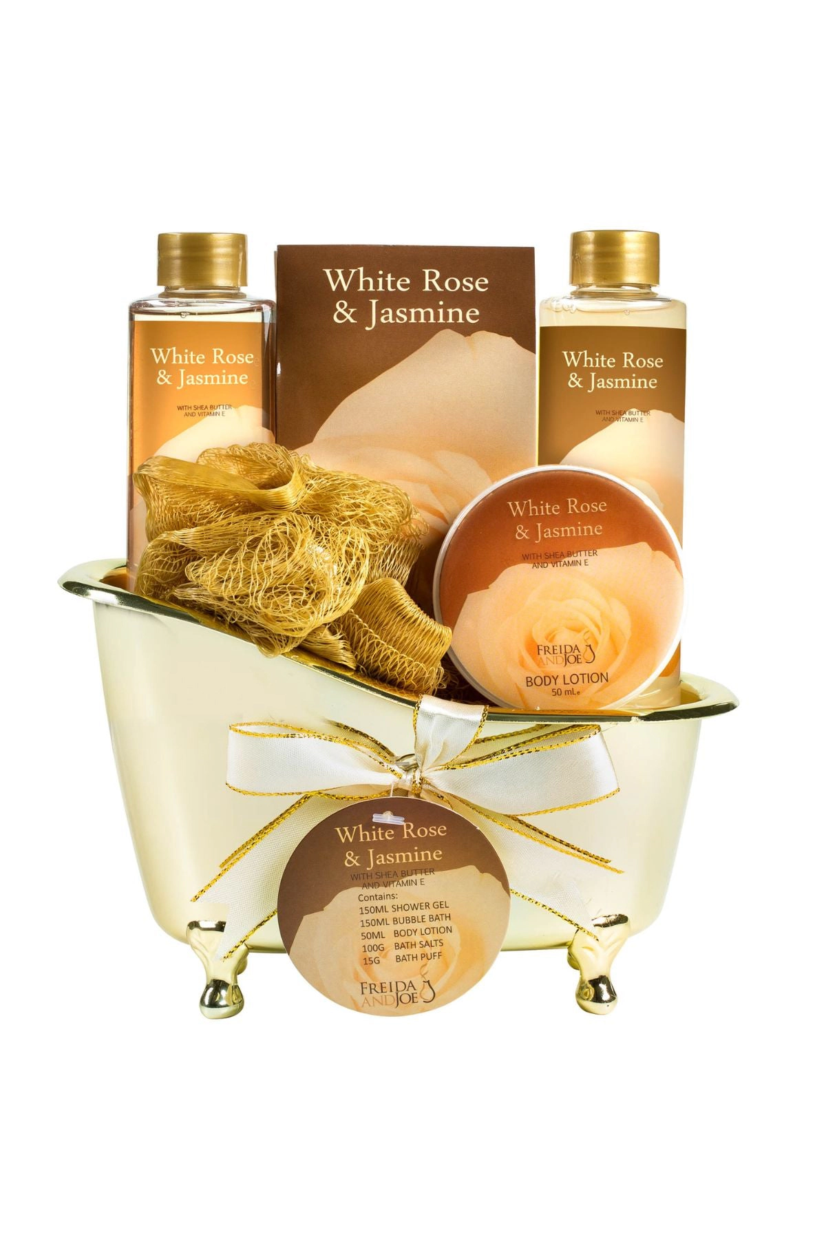 Freida and Joe Women White Rose Jasmine Gold Tub Spa Basket: Shower Gel, Bubble Bath, Body Lotion, Bath Salts