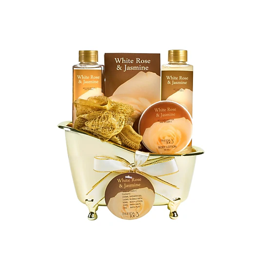 Freida and Joe Women White Rose Jasmine Gold Tub Spa Basket: Shower Gel, Bubble Bath, Body Lotion, Bath Salts