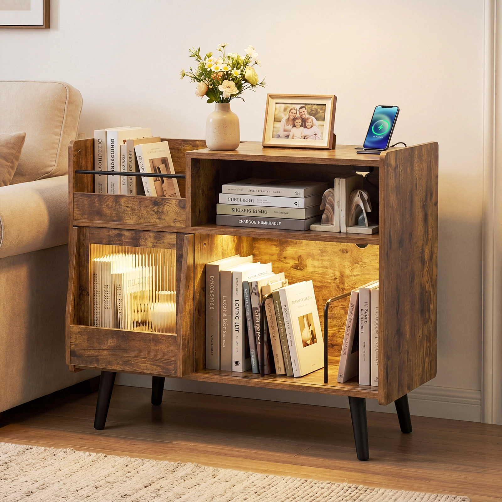 SUGIFT 34-Inch Record Player Stand with LED Lights, Sliding Glass Door, and Vinyl Storage Cabinet