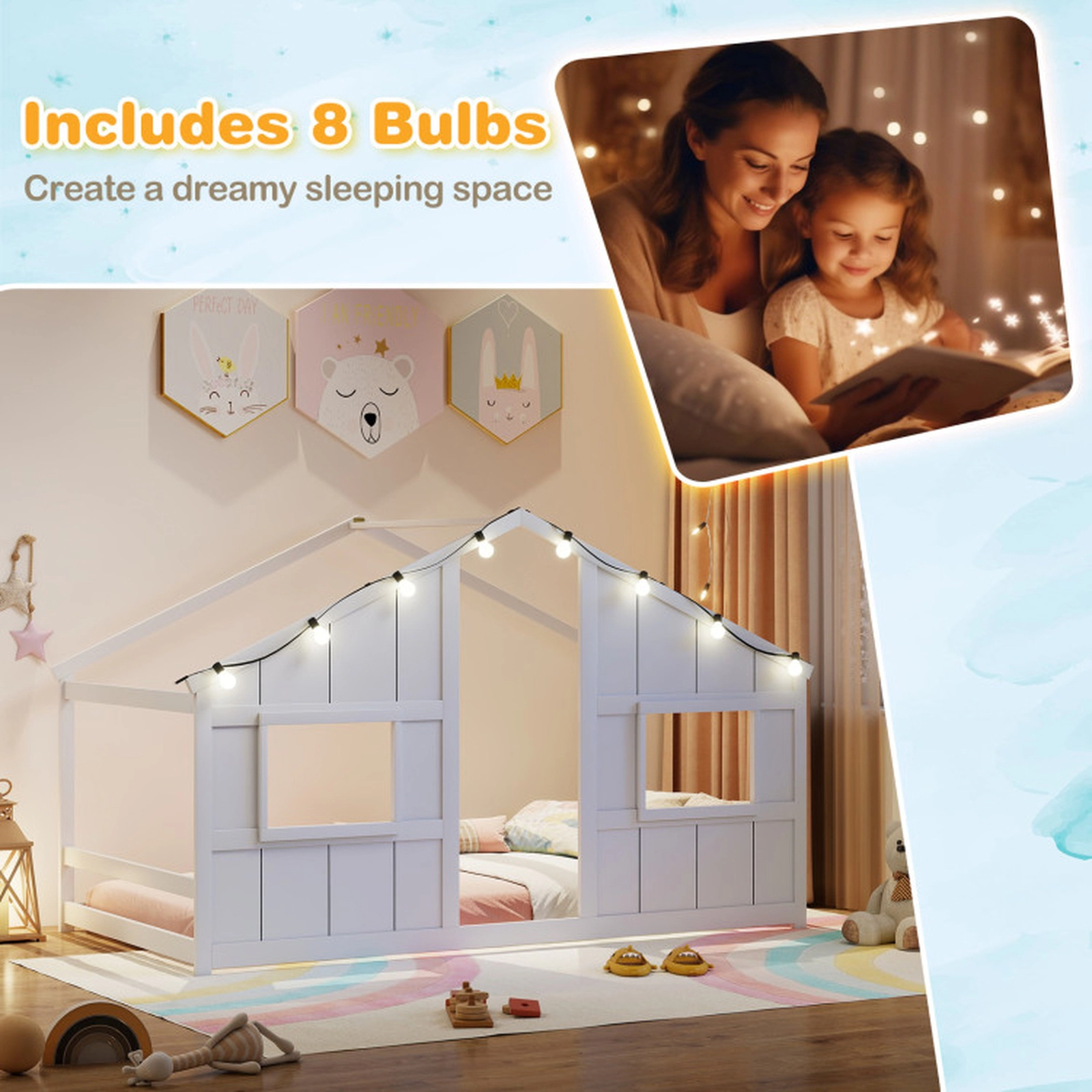 SUGIFT Twin Size White Solid Wood Montessori Kids House Floor Bed with 8 LED Lights Windows and Doorway