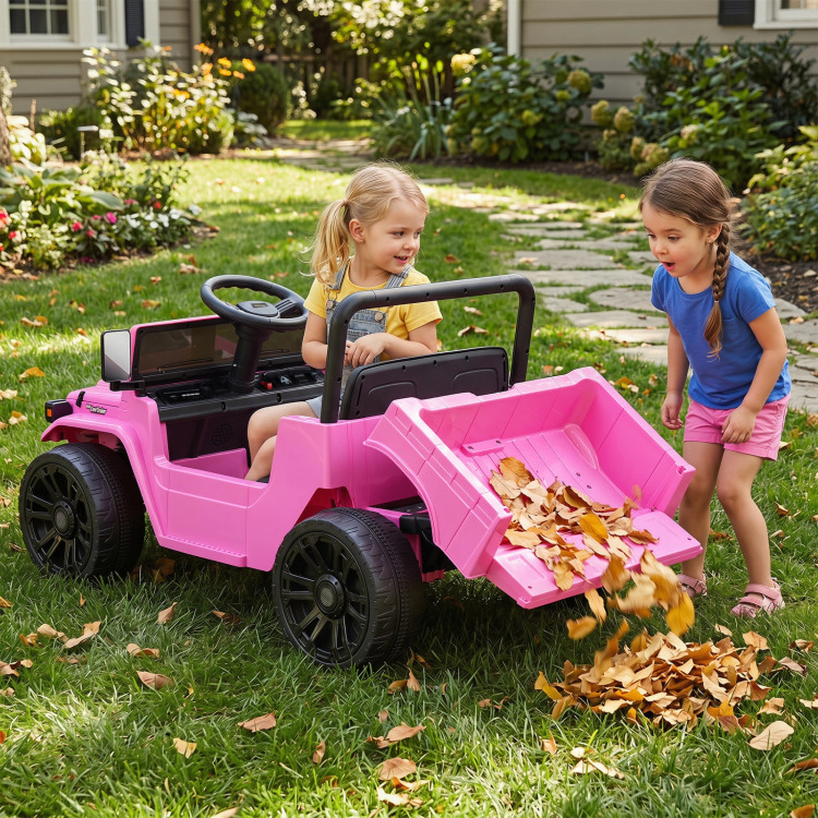 SUGIFT 12V Electric Ride On Truck with Remote Control, Electric Dump Bed & Music 66-lb Seat 22-lb Dump Bed Ages 3-6 Pink
