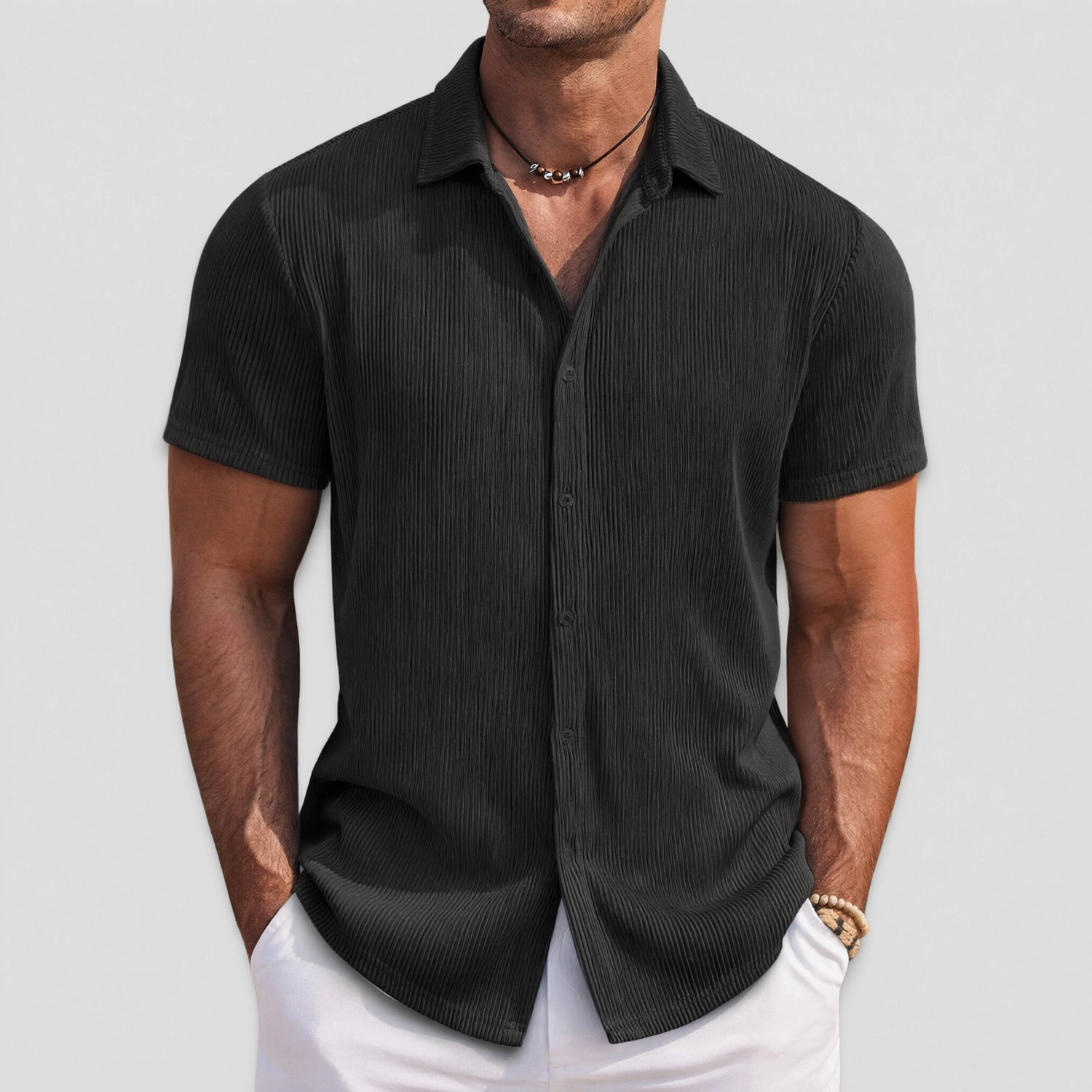 COOFANDY Mens Casual Pleated Short Sleeve Shirts Lapel Collar Button Down Tops