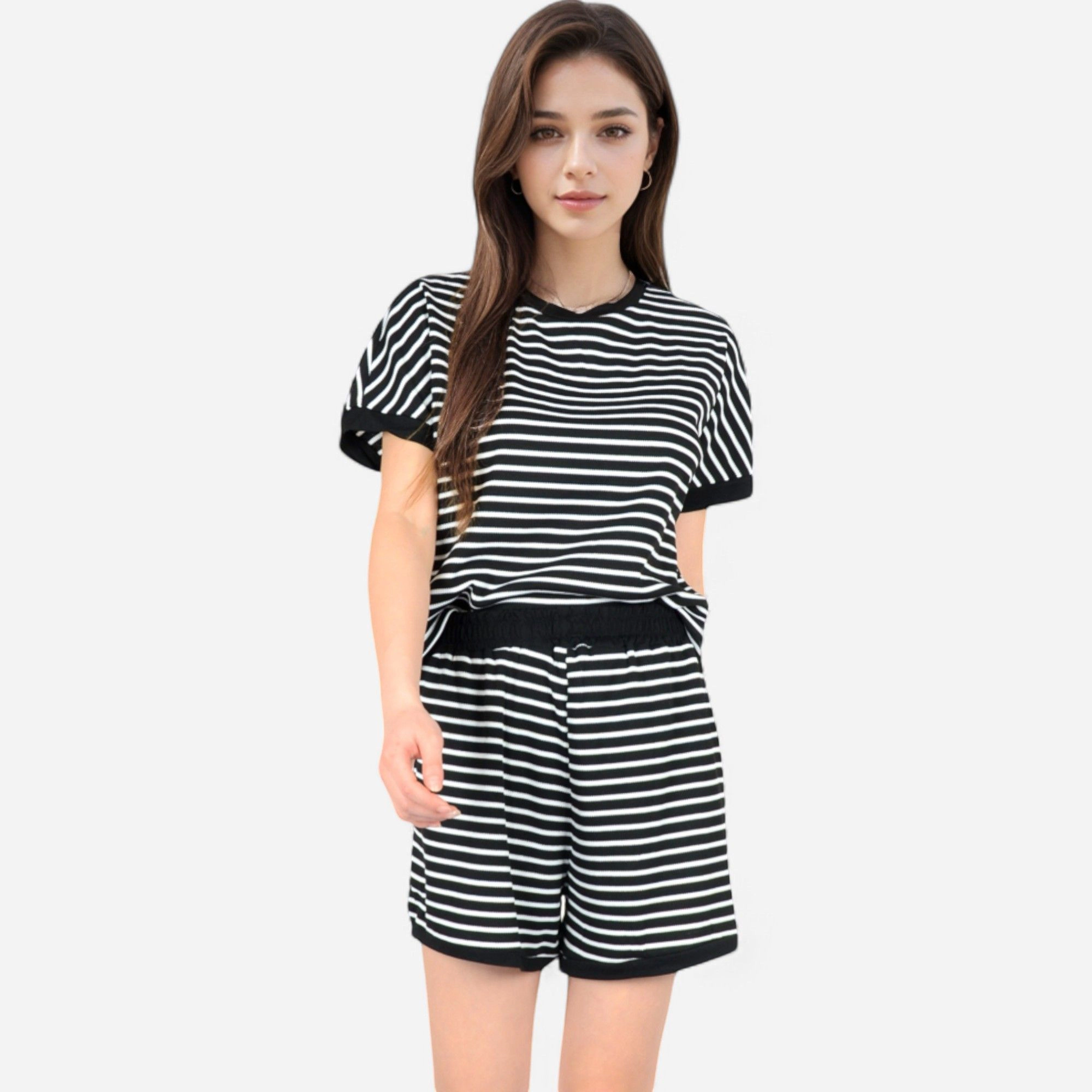Anna-Kaci Women's Striped Lounge Set with Cuffed Short Sleeve Top and Elastic Waist Shorts