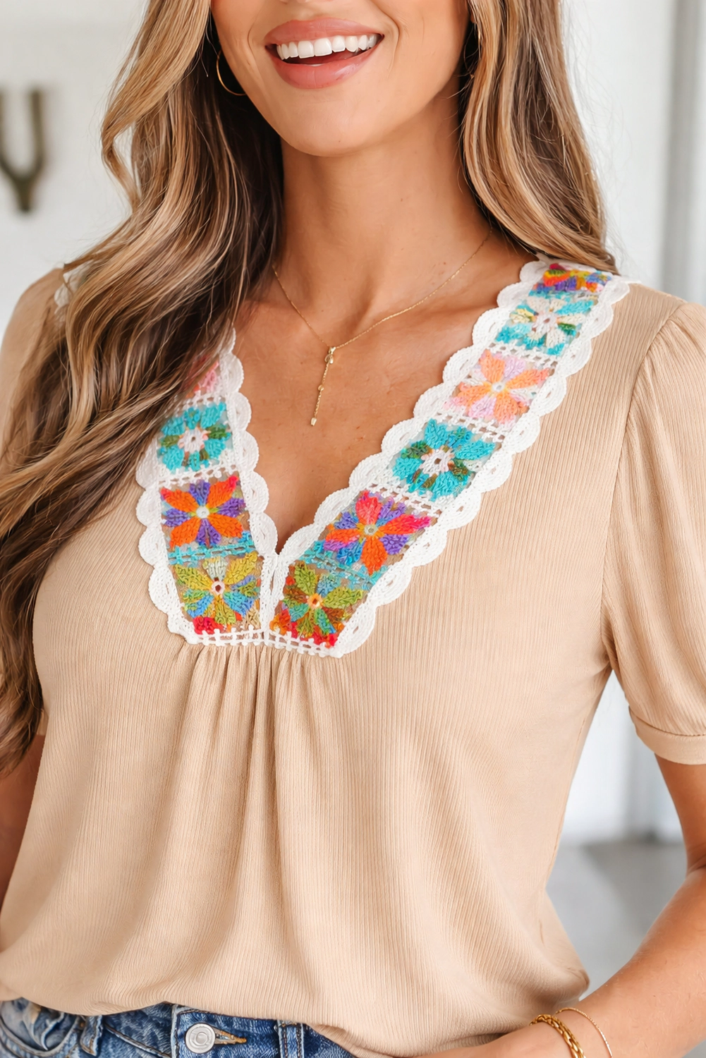 Threaded Pear Marianna Textured Short Sleeve Blouse