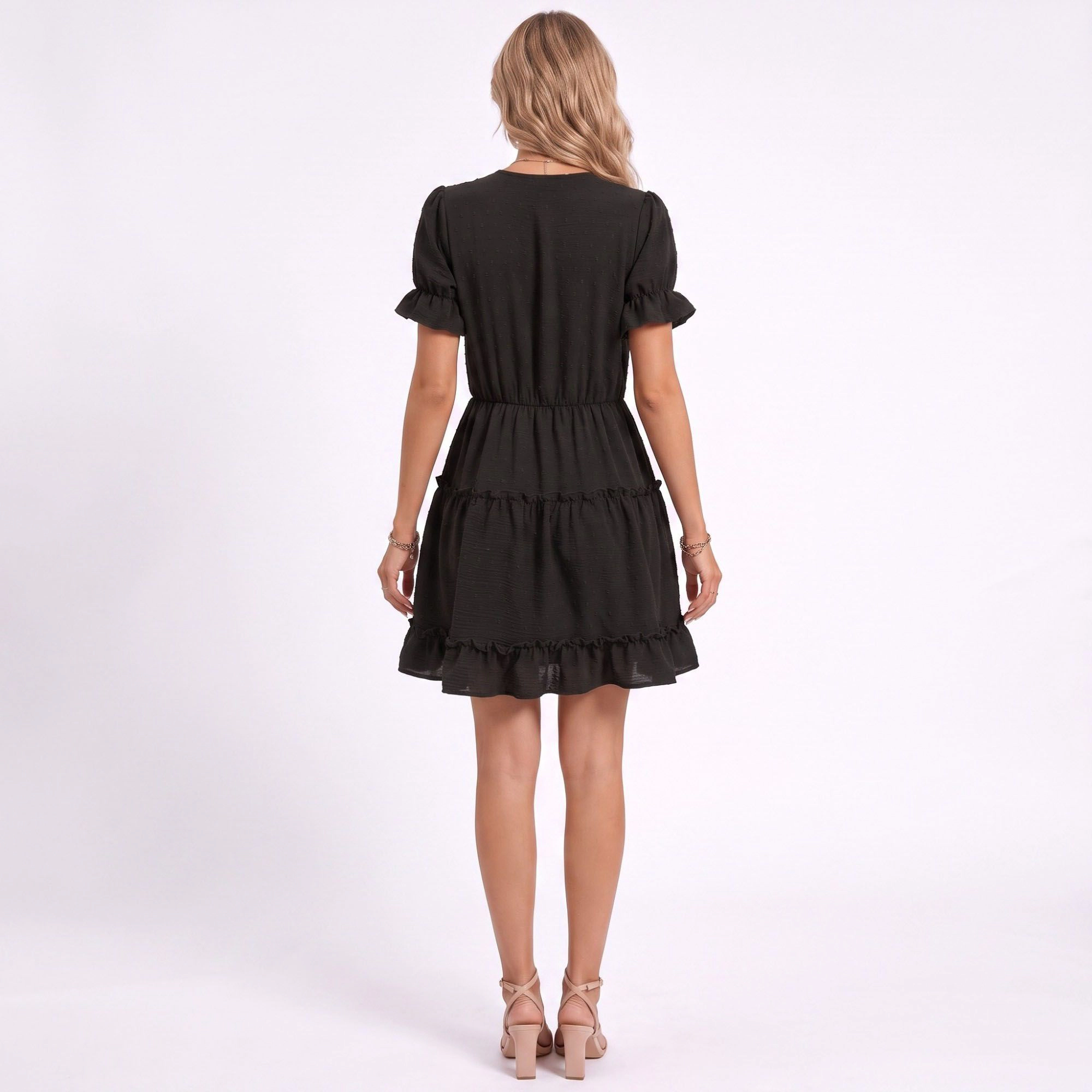 Anna-Kaci Women's Swiss Dot V-Neck Lace Trim Tiered Ruffle Mini Dress