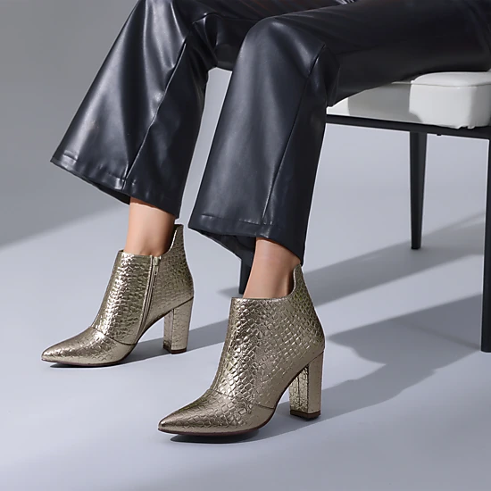 BLISSFUL STEP Women Stone Printed Pointed Toe Chunky Heel Ankle Boots Side Zip