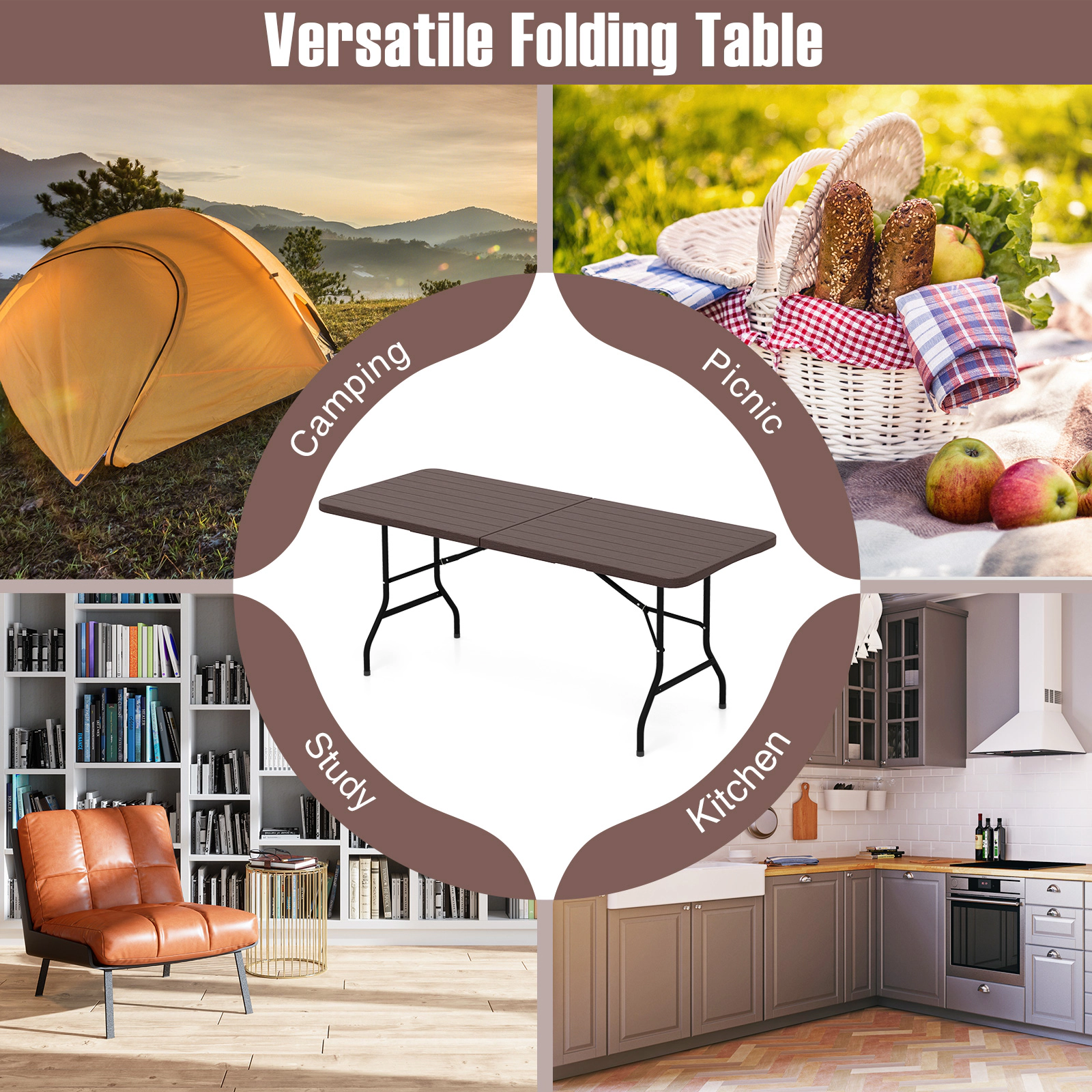 SUGIFT 6 ft Folding Table Brown HDPE Wood Grain Top with Safe Lock Mechanism