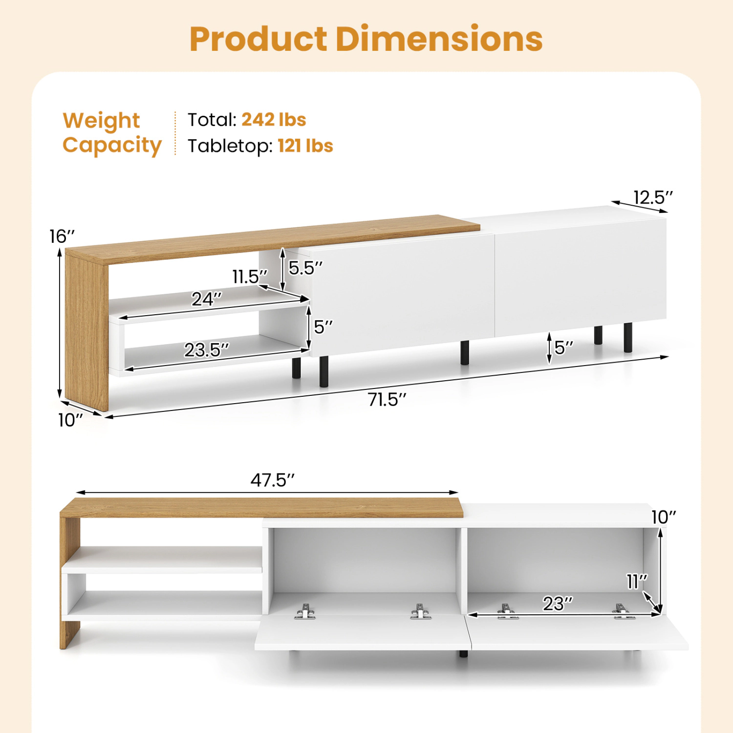 Glintex 71.5-Inch TV Stand with 2 Cabinets and 2-Tier Open Shelving, White & Natural