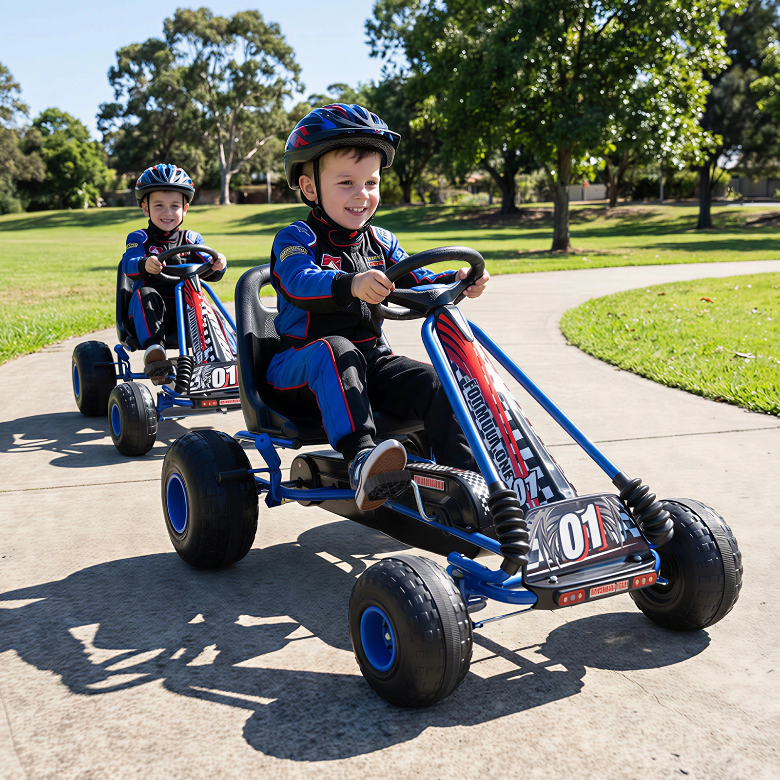 4-Wheel Kids Pedal Go Kart Low Center of Gravity Dual Clutch Modes Hand Brake Multi-Terrain Wheels Ages 3-8 Blue