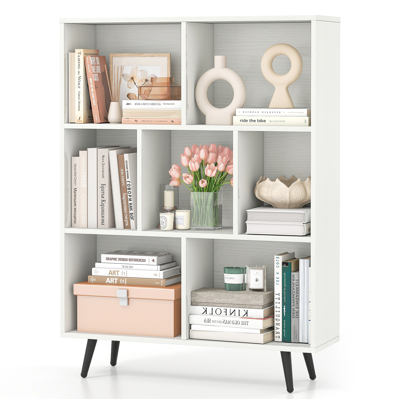 SUGIFT 7-Cube White 42-in Tall Cube Storage Organizer Bookshelf with Tapered Metal Legs and 100-lb Top
