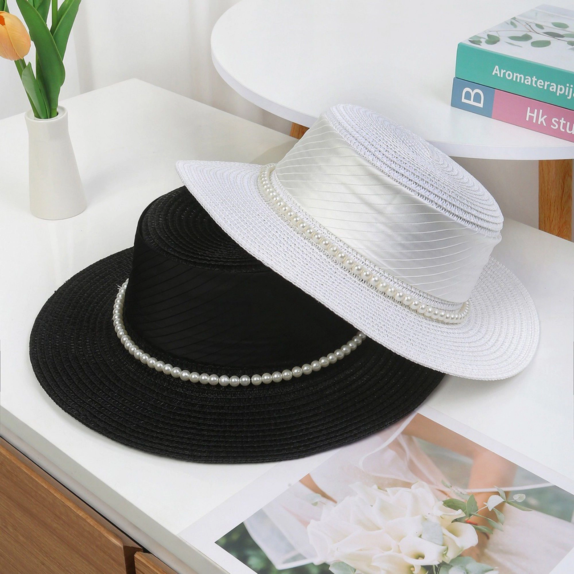 Anna-Kaci Women's Straw Boater Hat with Flat Brim Structured Crown Pearl Ribbon Band Detail