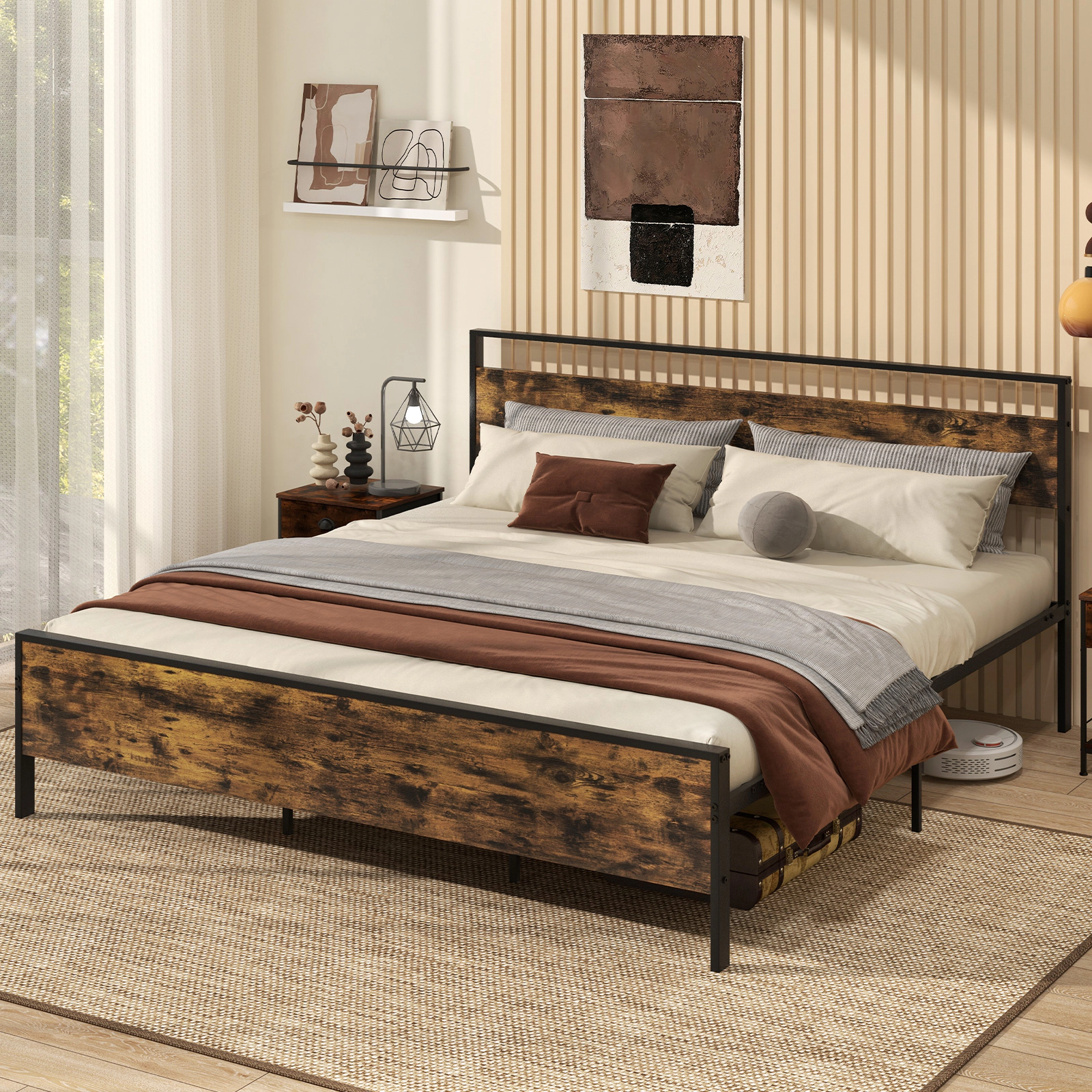 SUGIFT King Industrial Metal Platform Bed with Rustic Wood Panel Headboard, 1100-lb Capacity