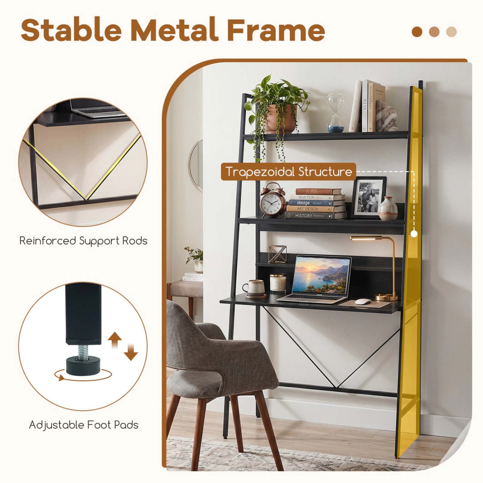 SUGIFT Two Open Shelves Anti-Tip Kit Metal Frame Industrial Ladder Desk 34-in x 20-in x 71-in 180-lb Capacity Black