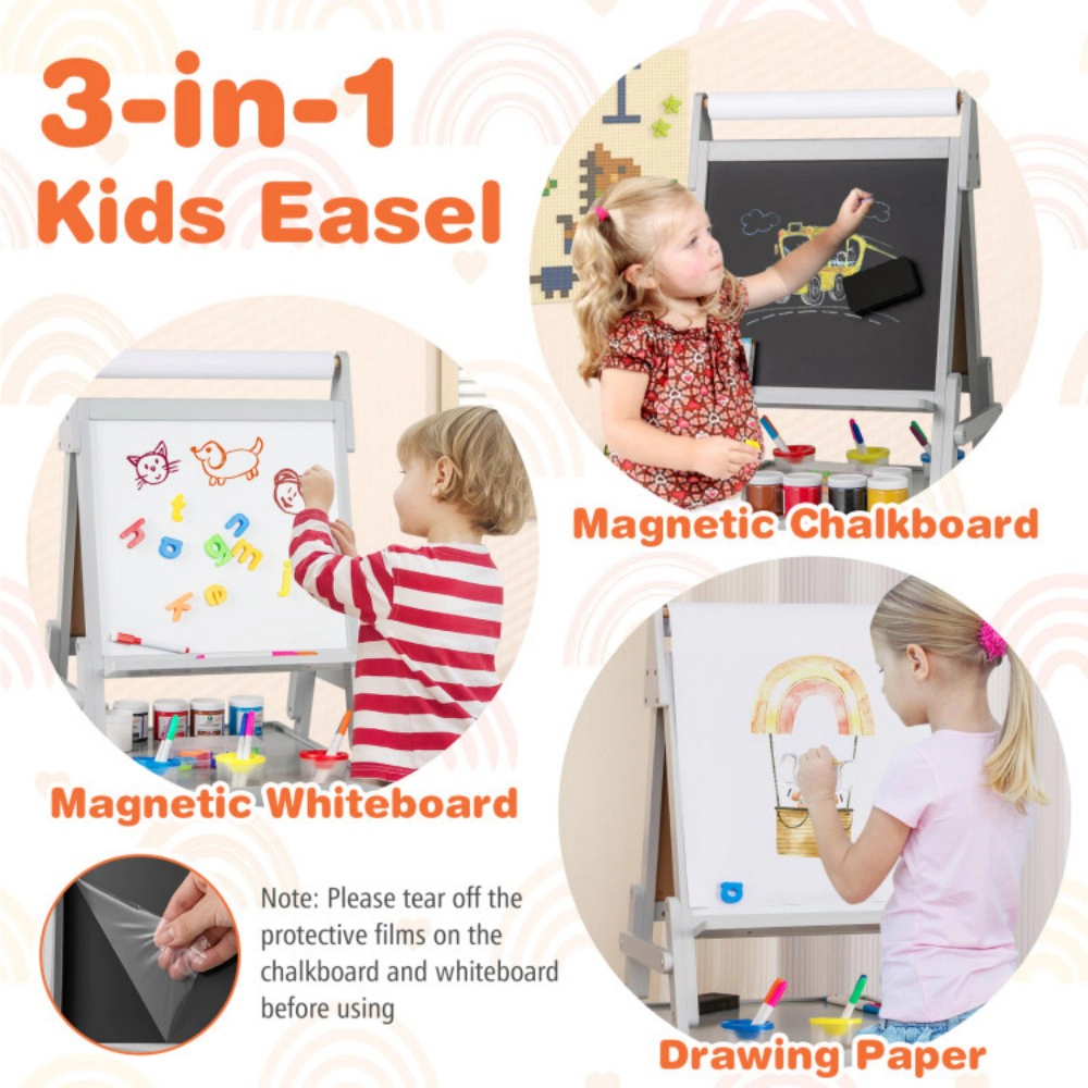 SUGIFT Gray Magnetic Boards Paint Cups and 2 Fabric Storage Bins 3-in-1 Kids Art Easel