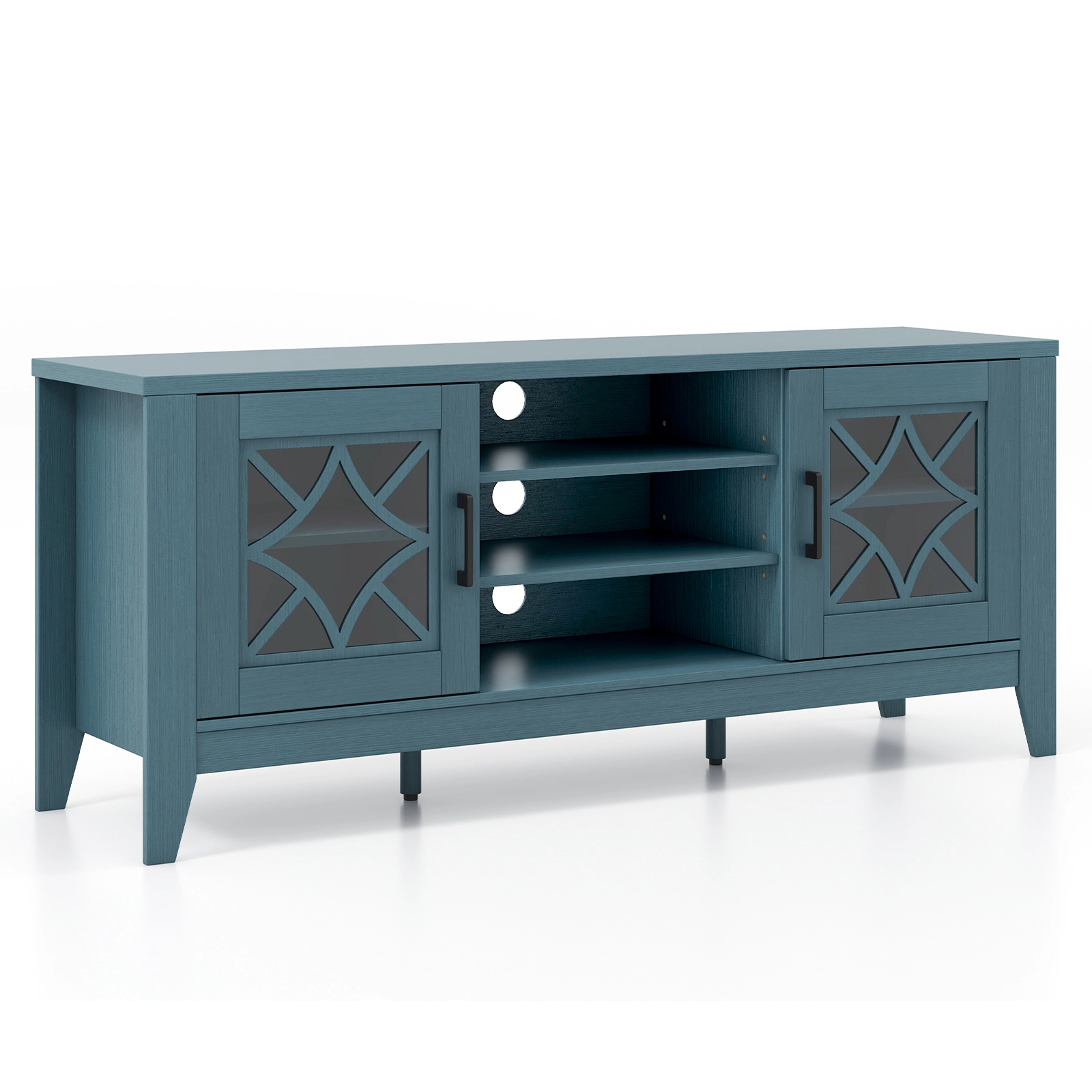 SUGIFT Farmhouse TV Stand for TVs Up to 65 Inches with Adjustable Shelves 200-lb Tabletop Capacity Teal Blue