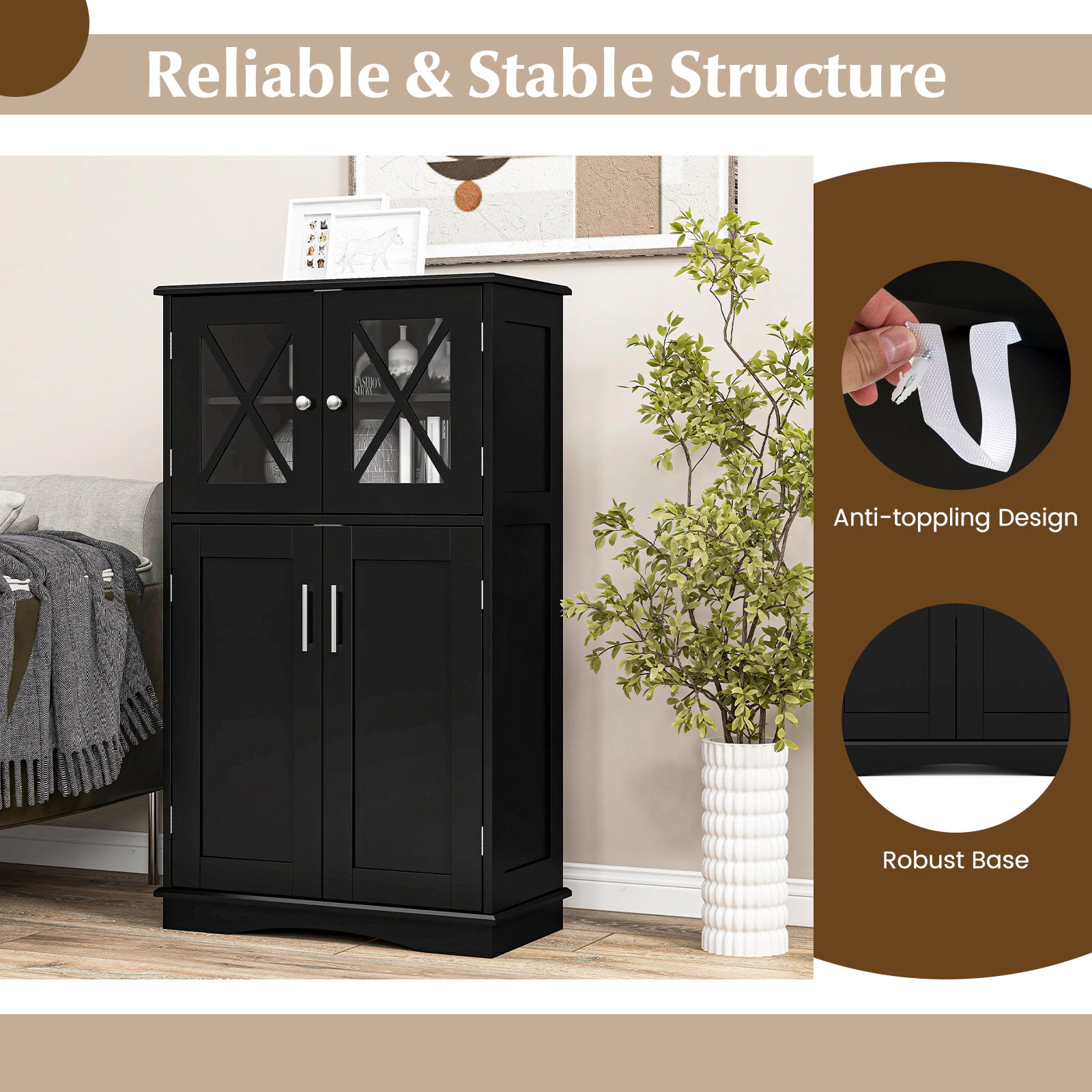 Glintex 4-Door Freestanding Bathroom Cabinet with Glass Doors and 3 Adjustable Shelves