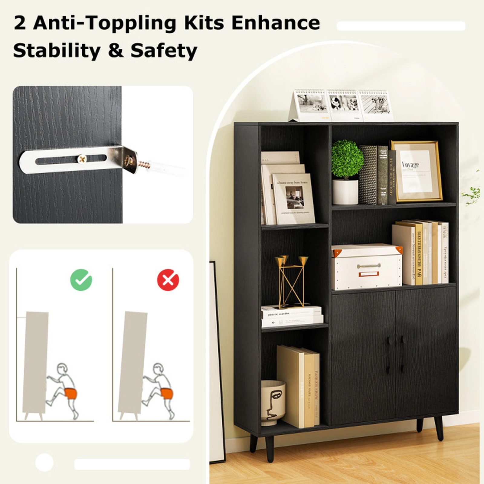 SUGIFT Black 47 in Floor Bookshelf with 5 Open Compartments and 2-Door Cabinet