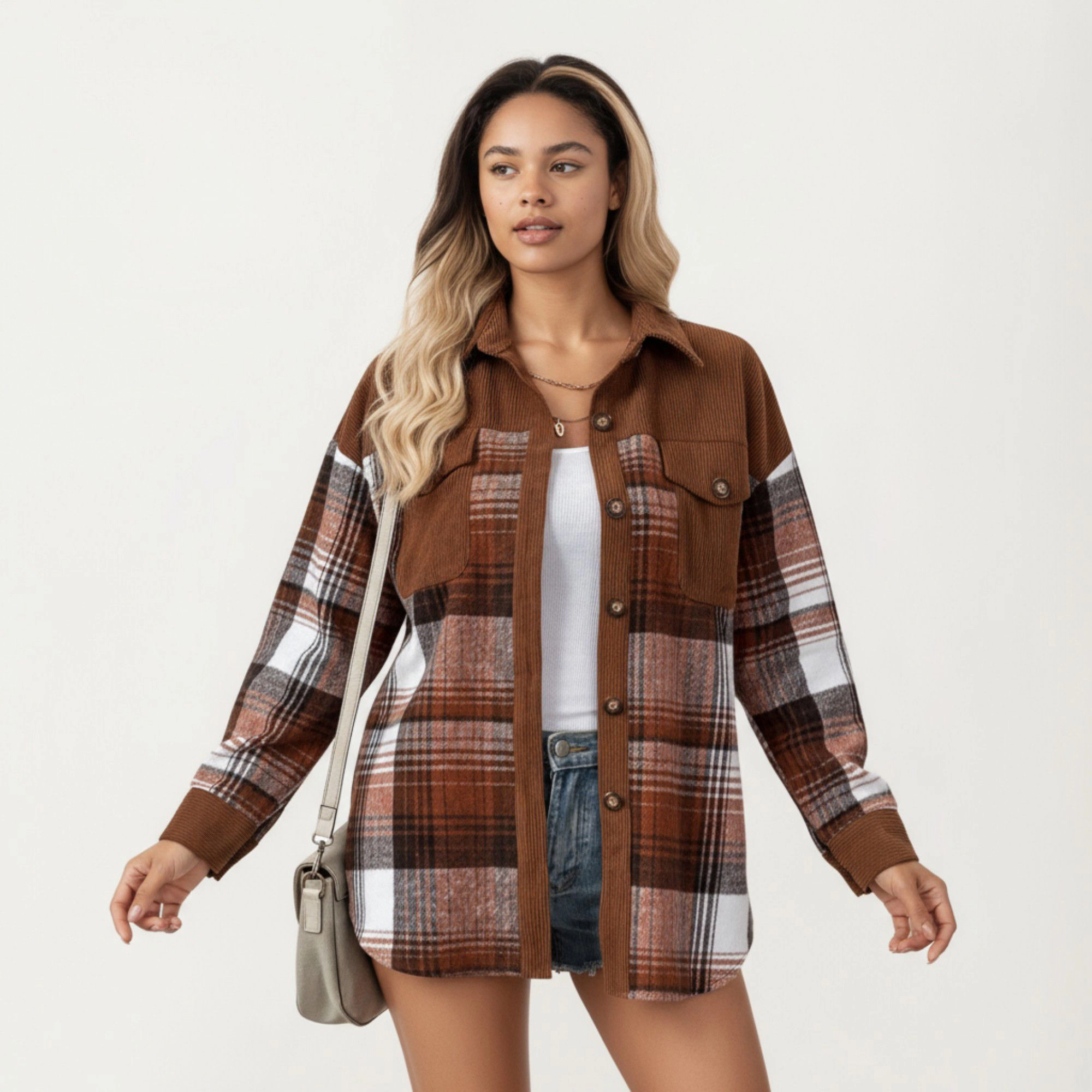 Anna-Kaci Women's Plaid Button Front Shirt Jacket with Soft Corduroy Contrast Long Sleeves Chest Pocket Detail