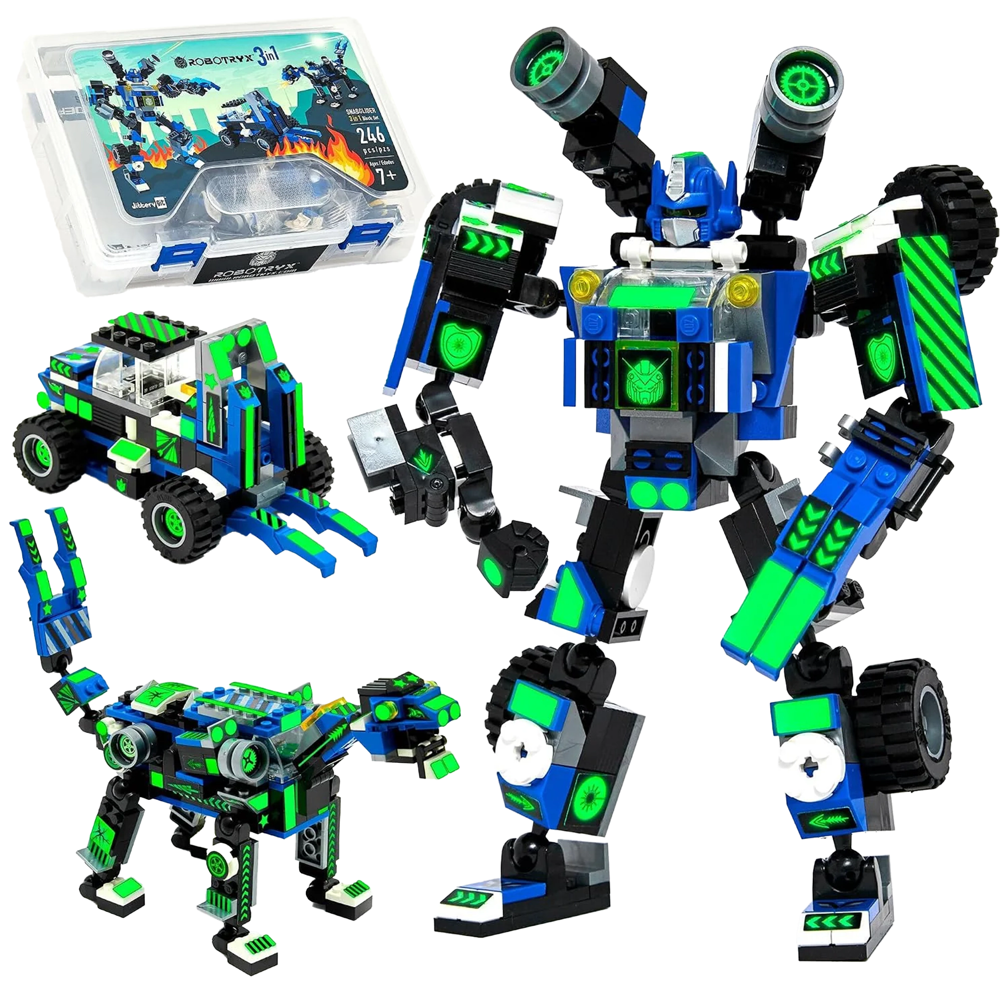 Robotryx Kids Snabglider 3-in-1 Robot Building Set - 246-Piece Blue Warrior & Puma with Forklift