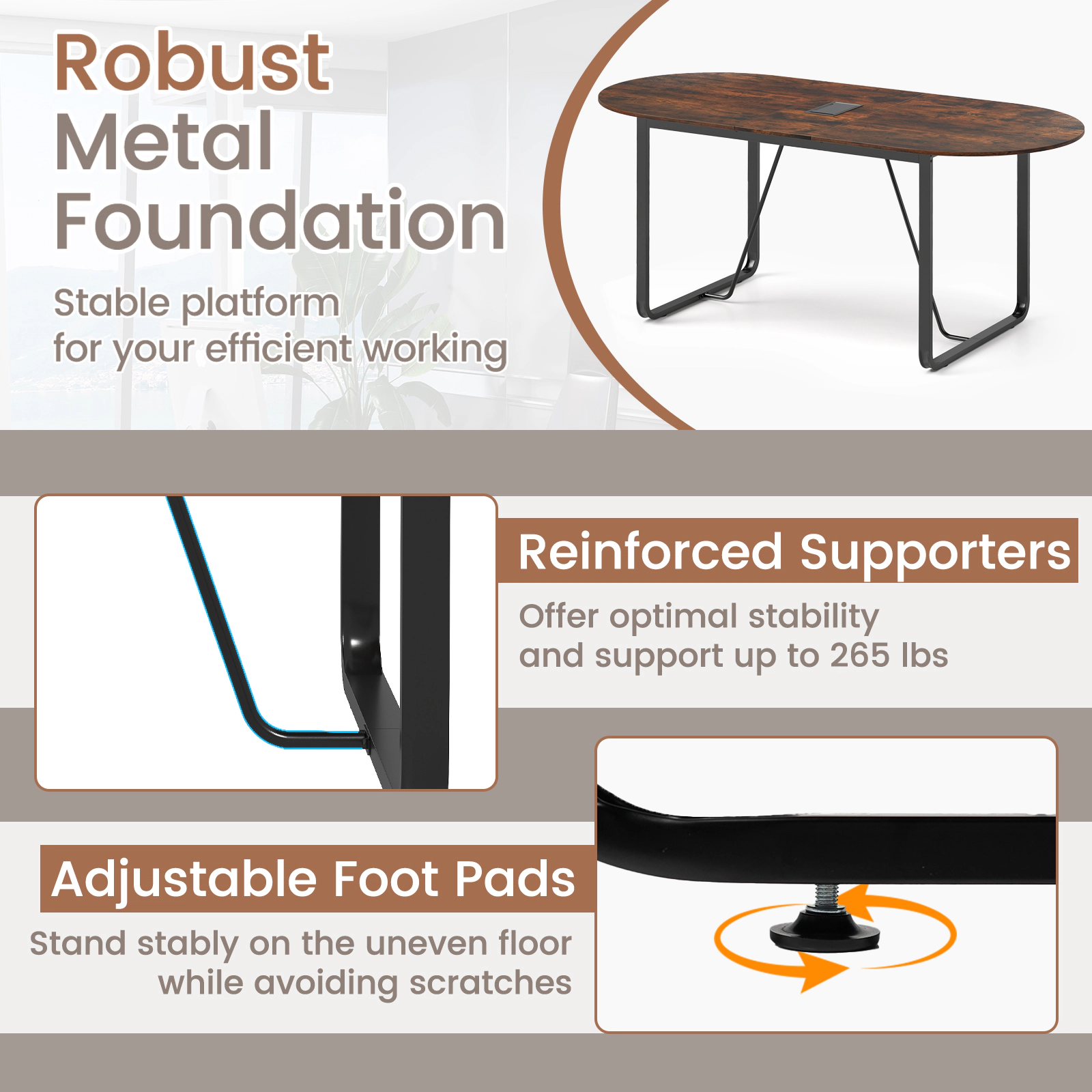 SUGIFT Oval Executive Home Office Table with Cable Management Hole 265-lb Capacity Rustic Brown & Black