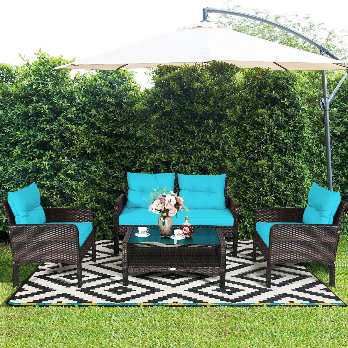 LJG 4 Pieces Outdoor Rattan Wicker Loveseat Furniture Set with Cushions
