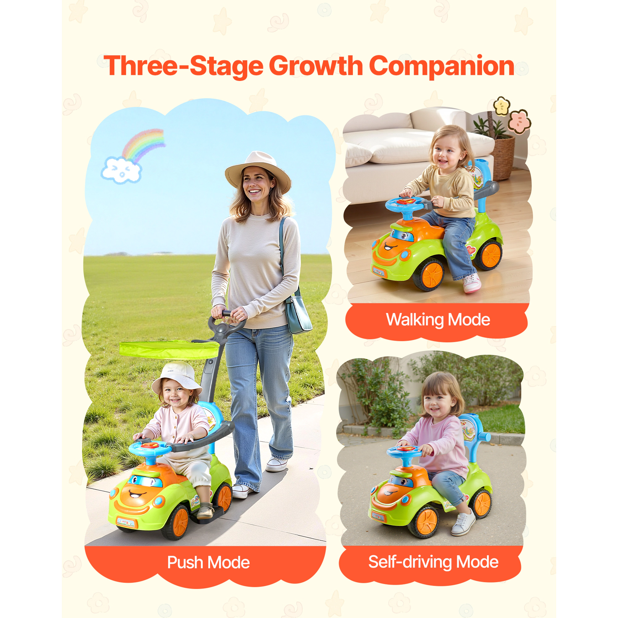 HONGGE 3-in-1 Ride On Push Car for Toddlers 19-36 Months, Foot-to-Floor Walker with Guardrails & Under-Seat Storage