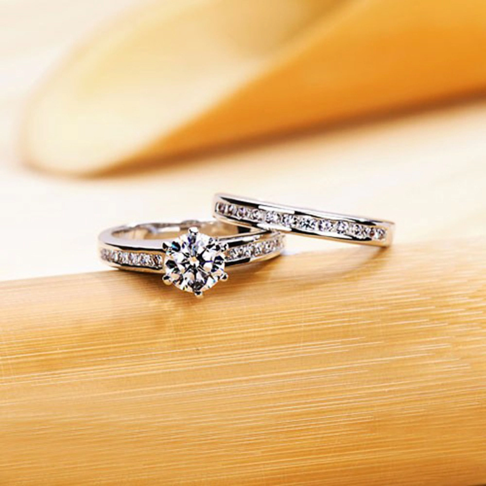 Delicate Women's Brass Cubic Zirconia 2-Piece Engagement Ring Set
