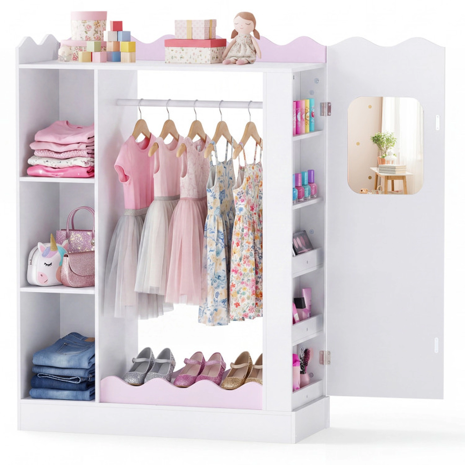 SUGIFT Pink Kids Dress Up Storage Wardrobe Closet with Full-Length Acrylic Mirror 3 Cubes and 20.5-in Hanging Rack