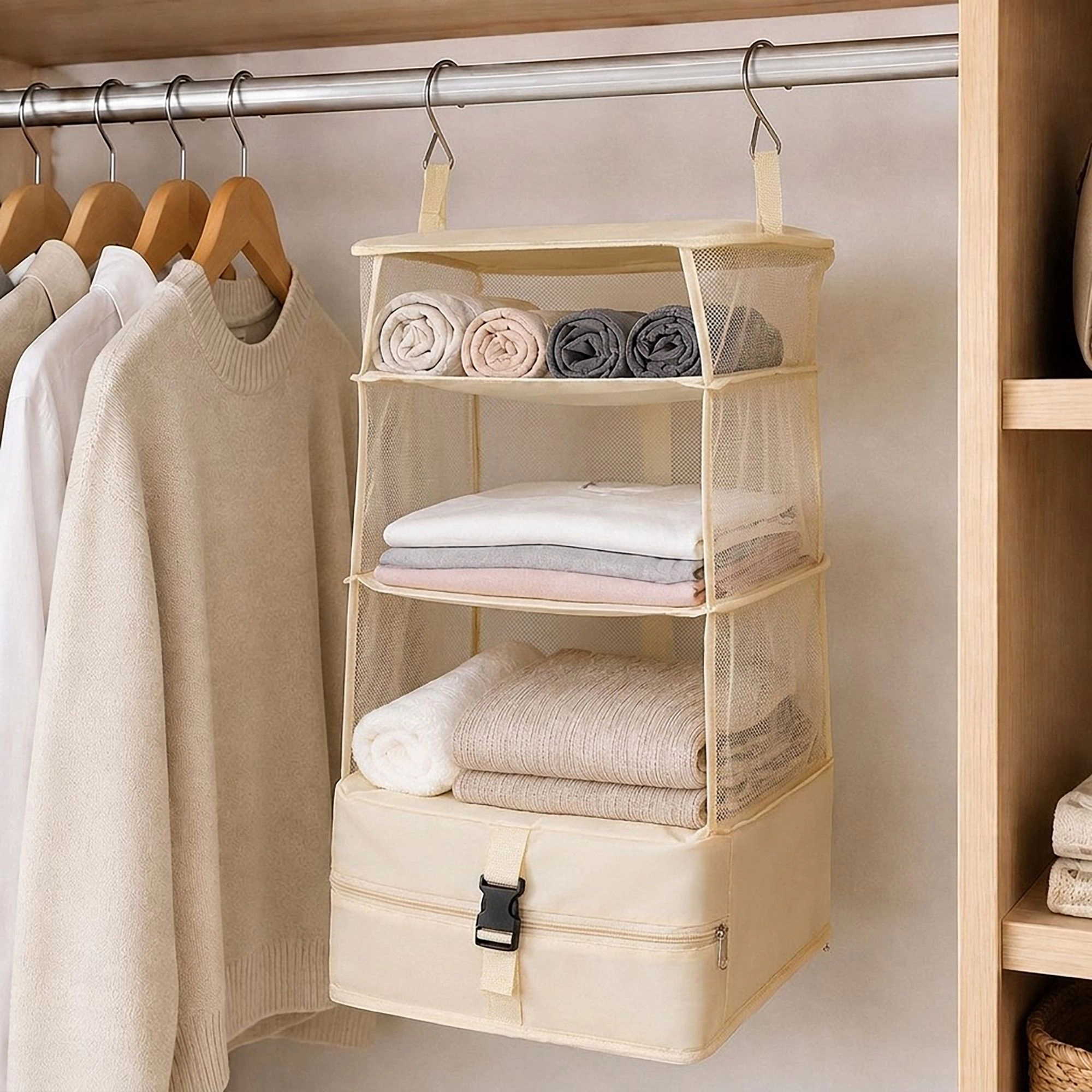 Alilang Unisex 3 Shelf Hanging Closet Organizer with Zipper Storage Compartment and Hooks