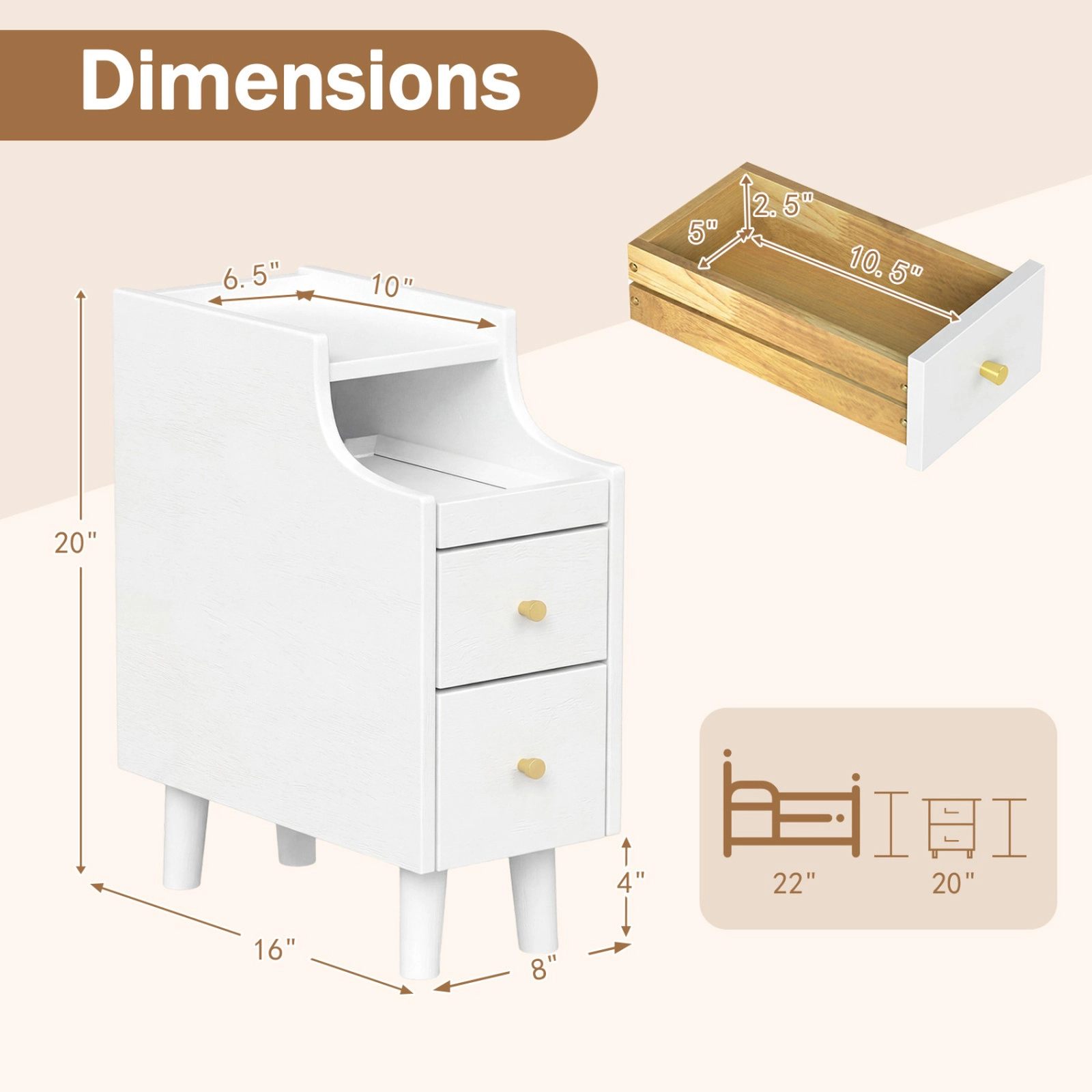 SUGIFT Set of 2 White Narrow Nightstands, 20-Inch Bedside Tables with Pull-Out Trays and 2 Drawers